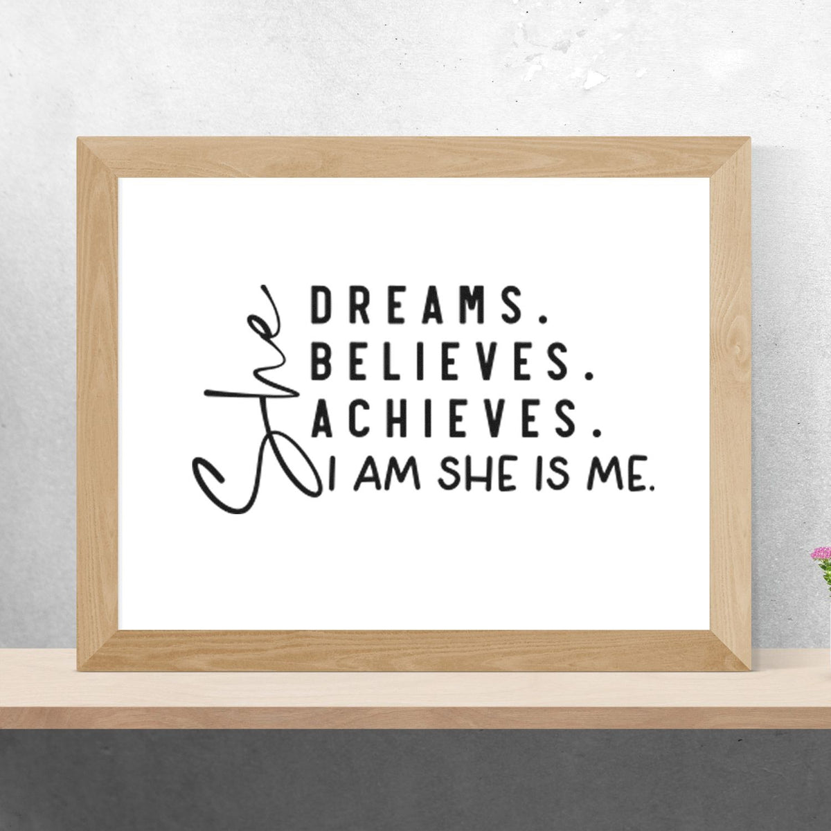 Motivational rubber stamp with Dreams. Believes. Achieves. I am she is me. quote for inspirational crafts and branding.