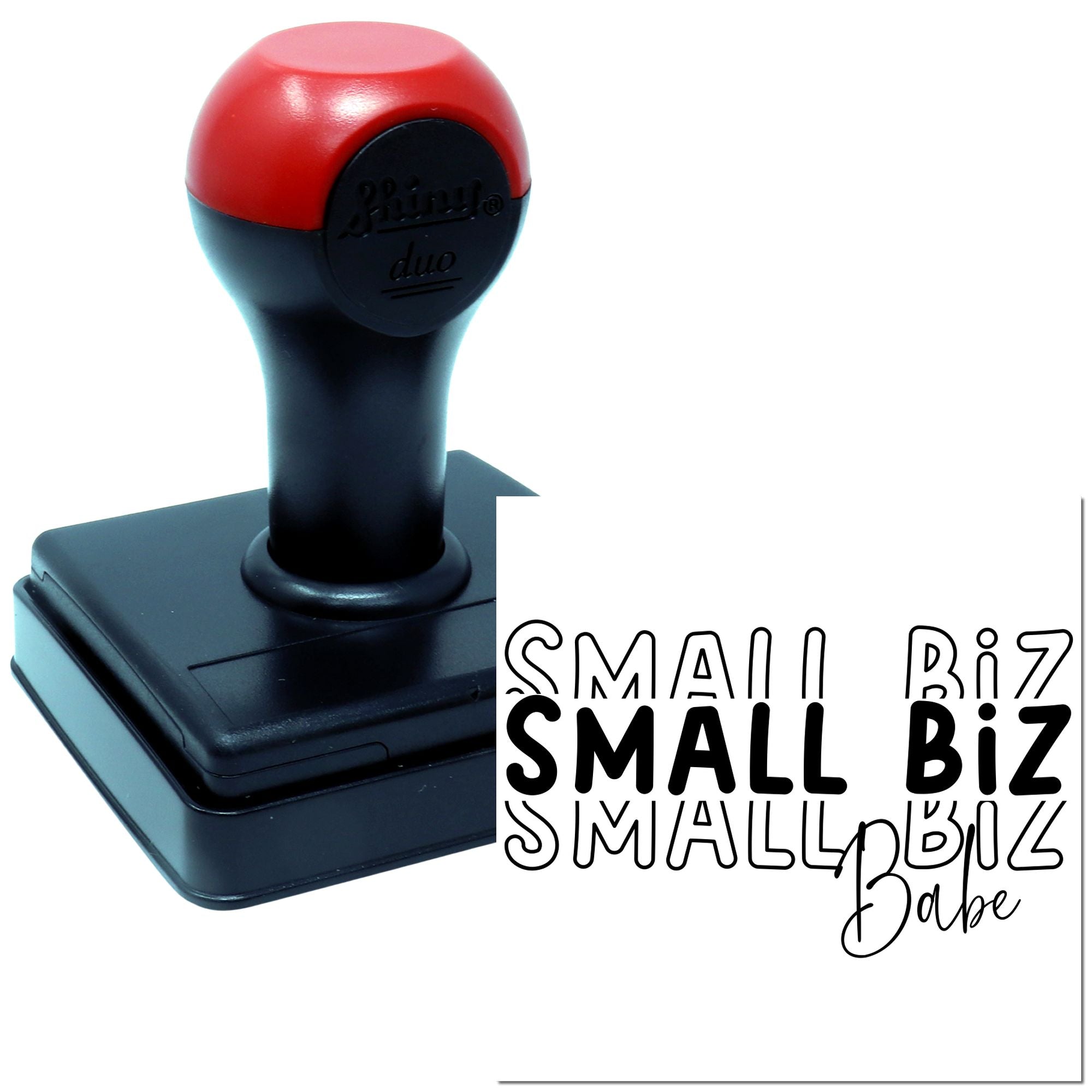 Custom self-inking rubber stamp with red and black handle, showcasing Small Biz Babe lettering for small business branding.