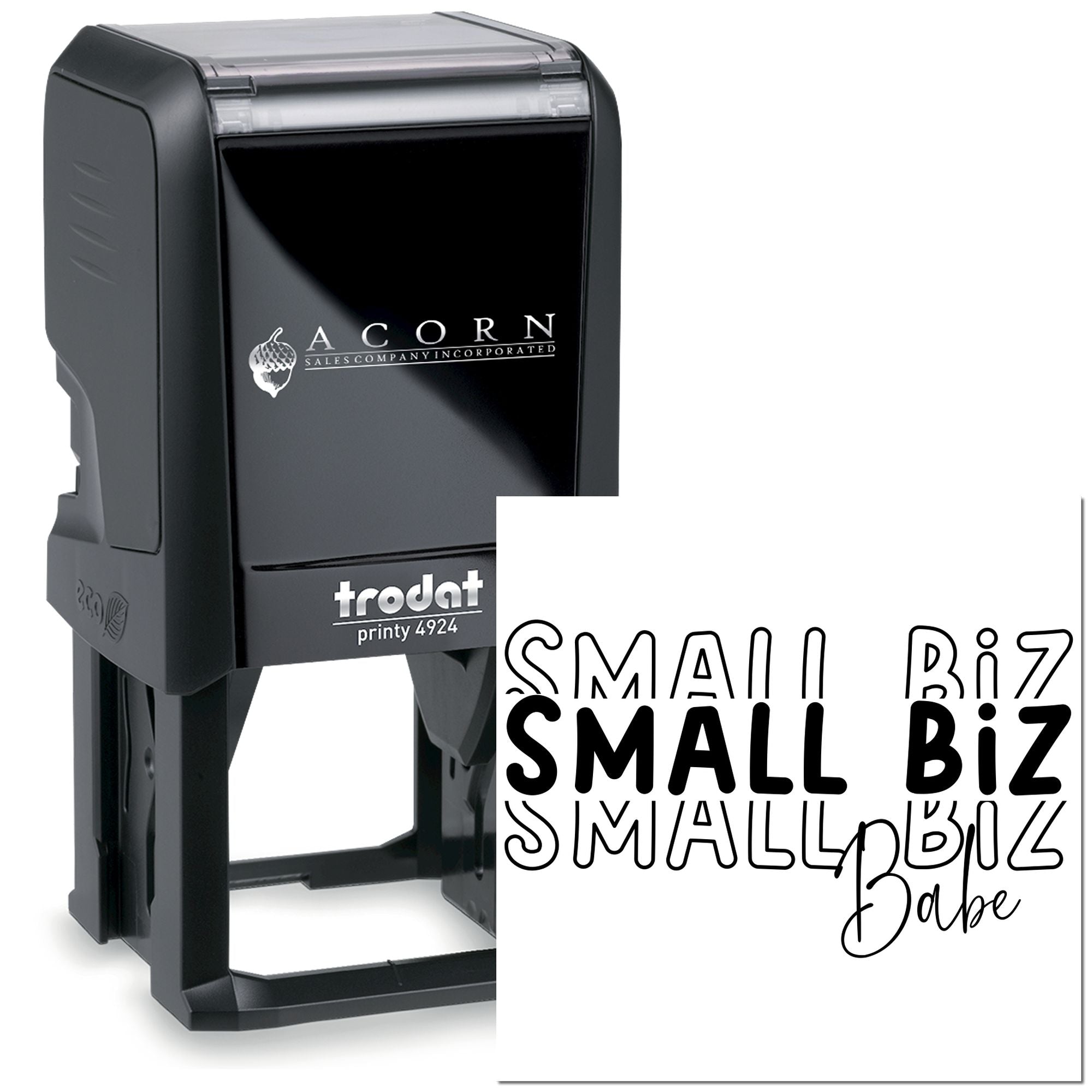 Trodat Printy 4924 self-inking rubber stamp with custom Small Biz Babe text, ideal for small business branding and packaging.