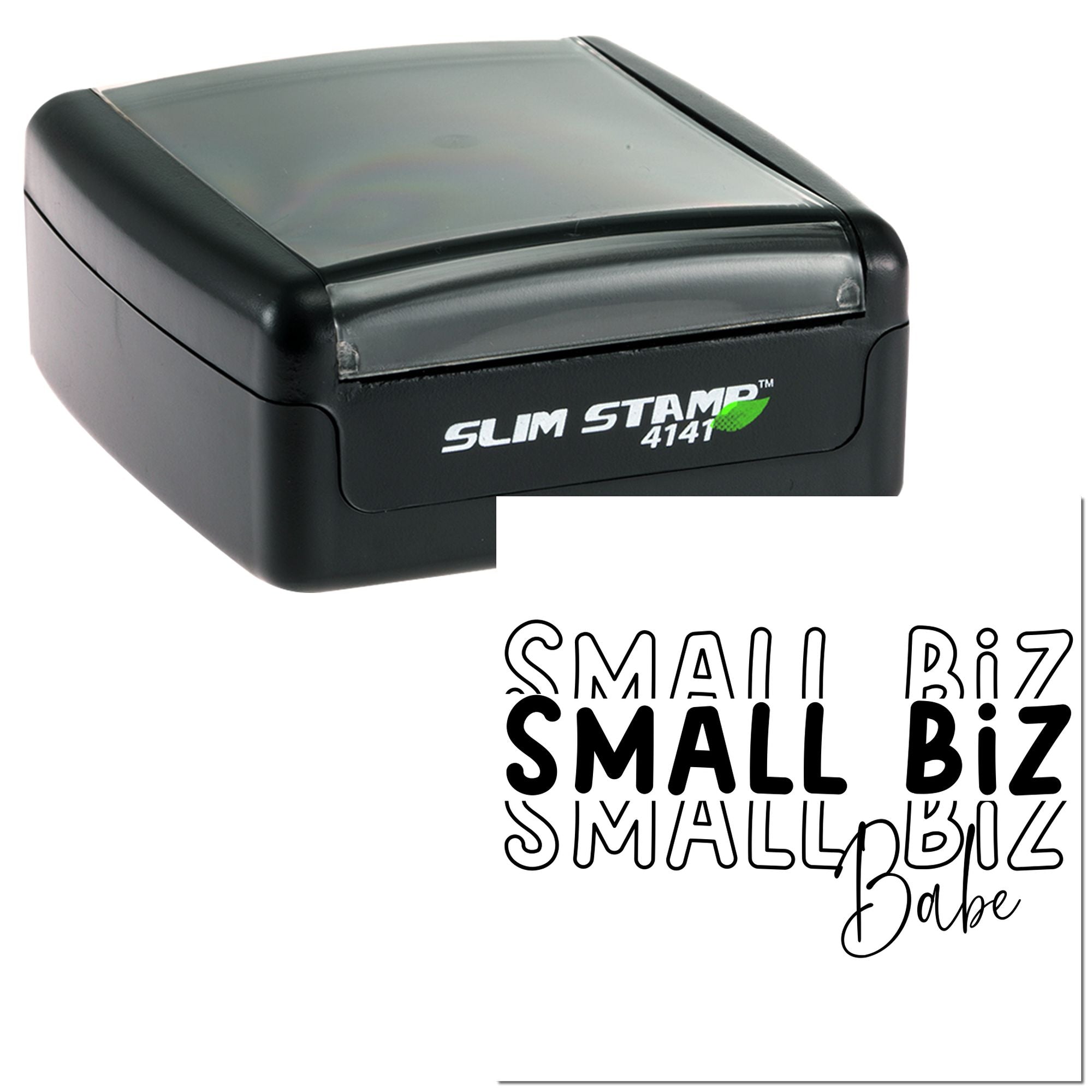 Slim self-inking rubber stamp with Small Biz Babe design for custom business branding and packaging.