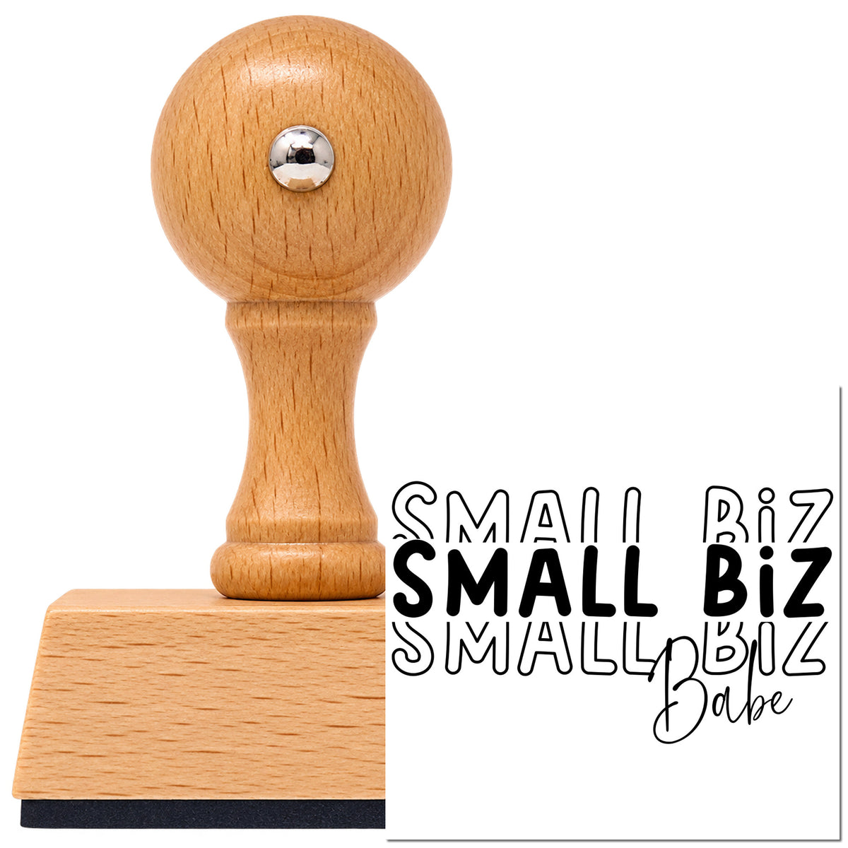 Small Biz Babe Repeated Vintage Pro rubber stamp in European beech wood with a round knob handle, shown beside its black imprint.