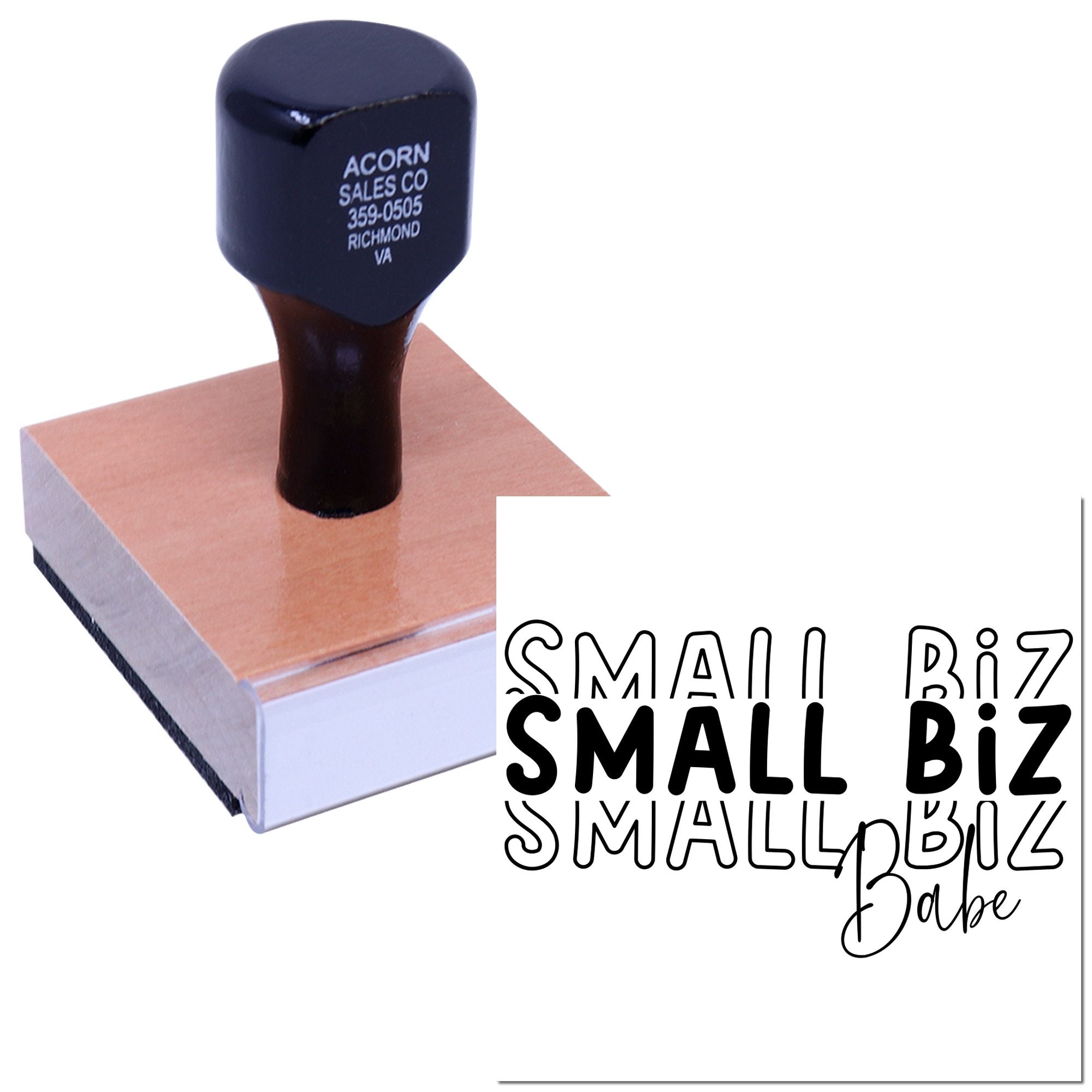 Custom small business rubber stamp with Small Biz Babe design for branding, packaging, and handmade shop labels.