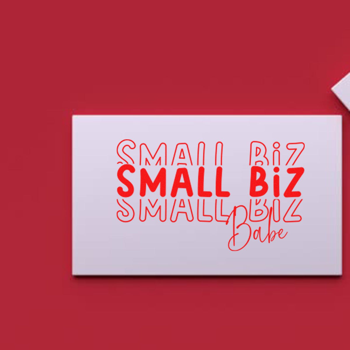 Small Biz Babe custom rubber stamp design with bold red lettering on a white card, ideal for small business branding.