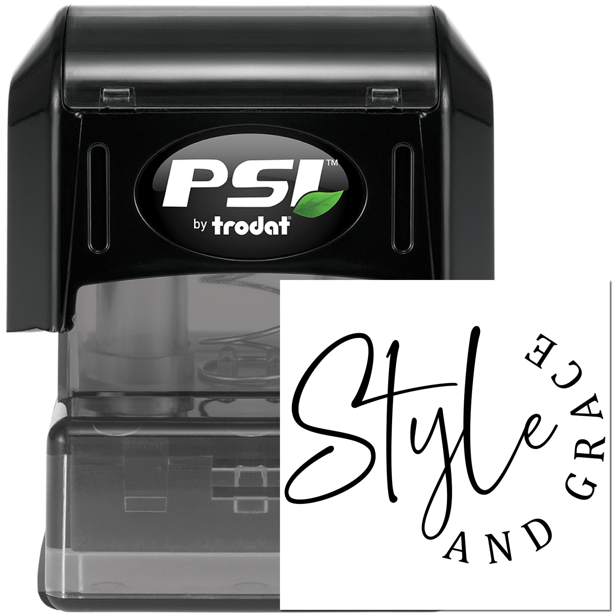 PSI by Trodat self-inking custom rubber stamp for Style and Grace branding and personalized logo impressions.