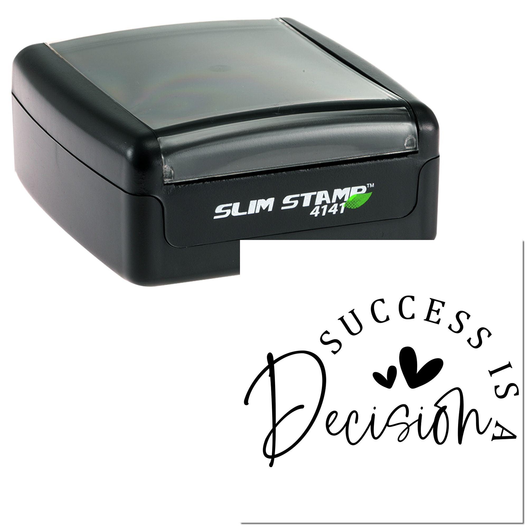 Slim self-inking rubber stamp showing Success Is a Decision imprint for motivational office use.