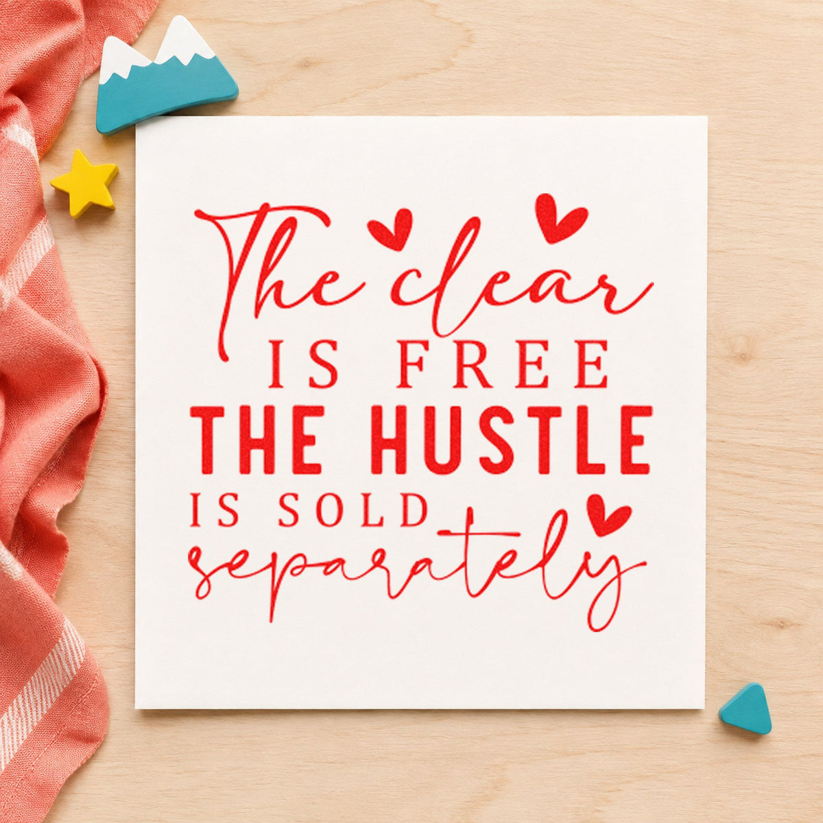 Clear Free Hustle Sold Separately craft stamp imprint in red ink on a handmade project, one idea being track note cards.