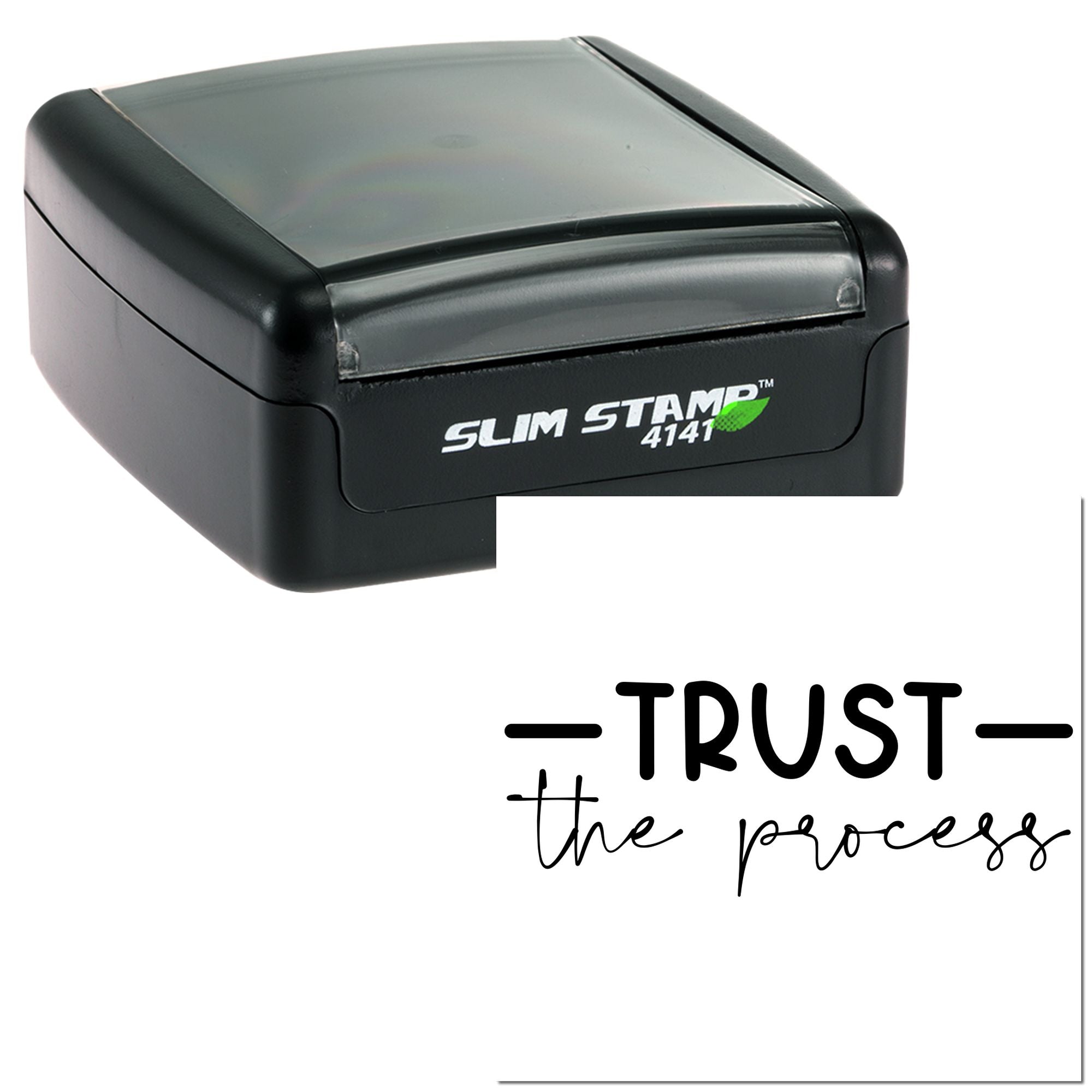 Slim Stamp 4141 self-inking rubber stamp with Trust the process imprint for custom branding and motivational messaging.