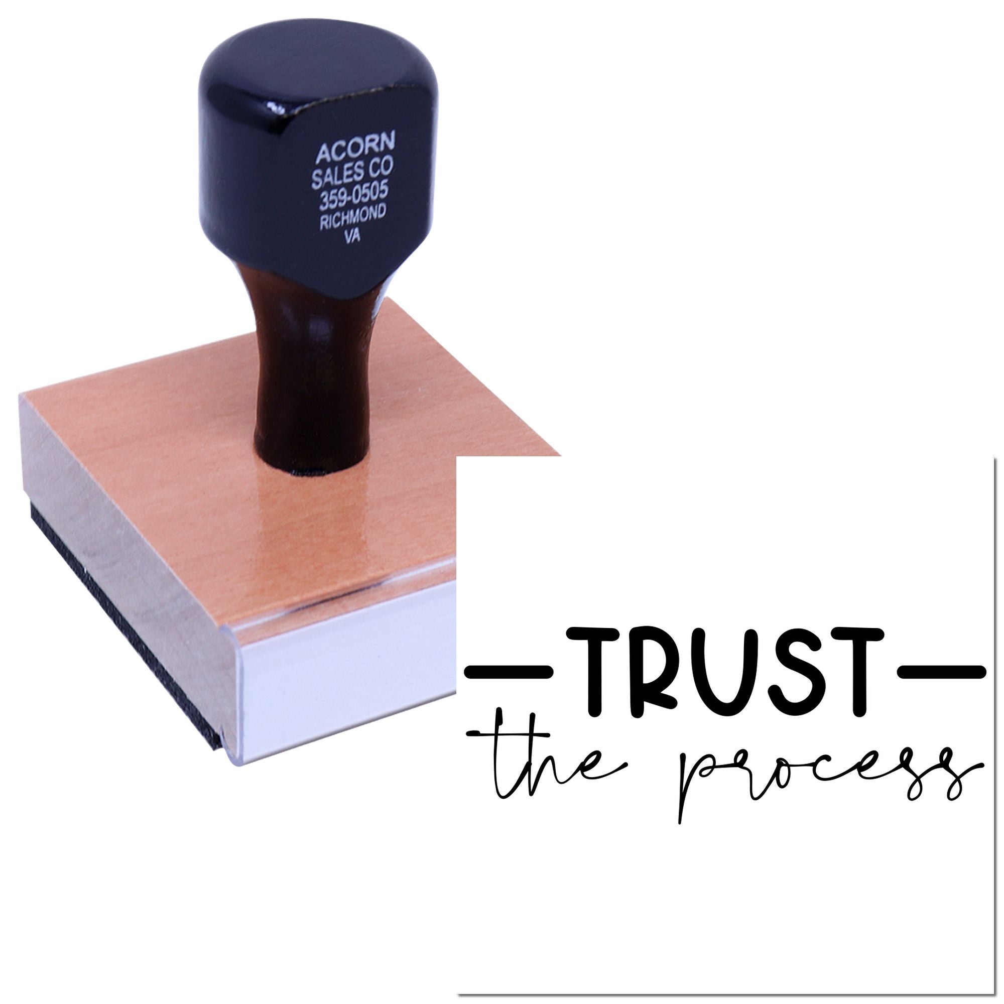 Custom rubber stamp on wood block with Trust the process design for branding, business, or motivational stamping.