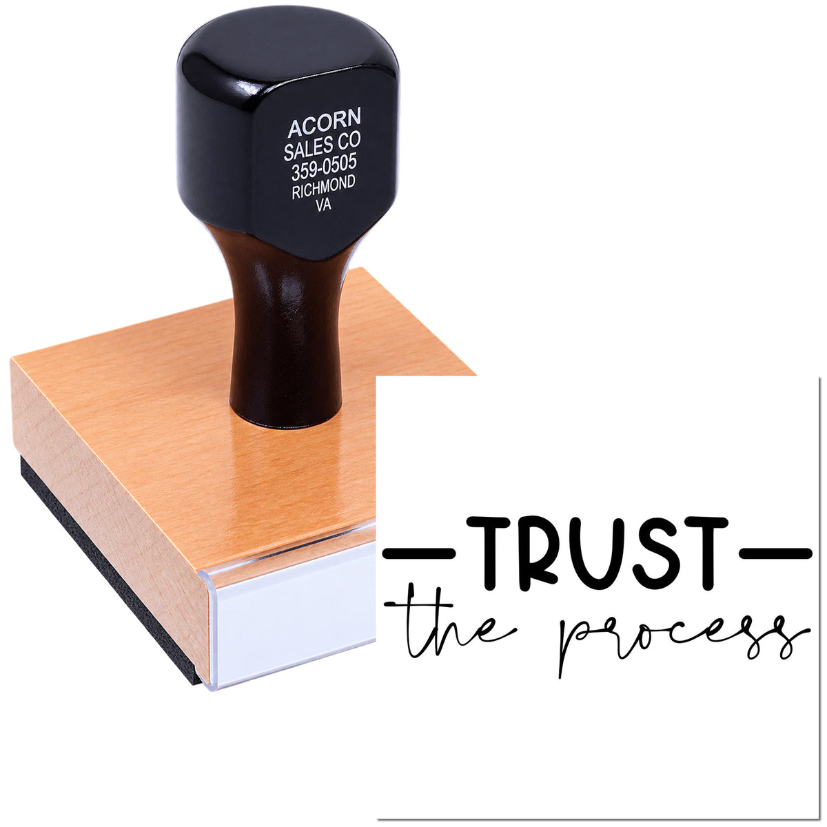 Custom rubber stamp on wood block with Trust the process design for branding, business, or motivational stamping.