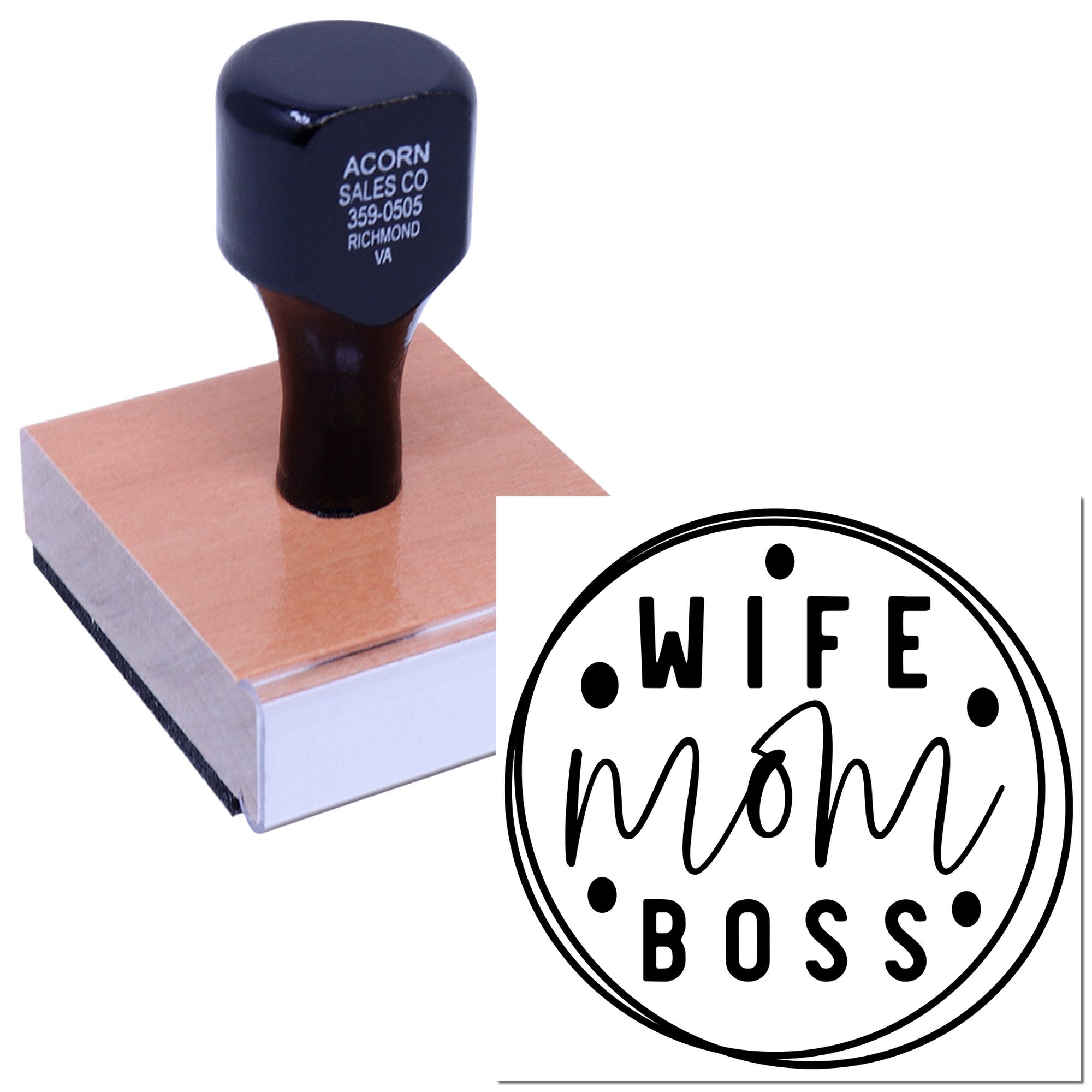 Custom rubber stamp featuring Wife Mom Boss for personalized crafts, cards, and handmade gifts.