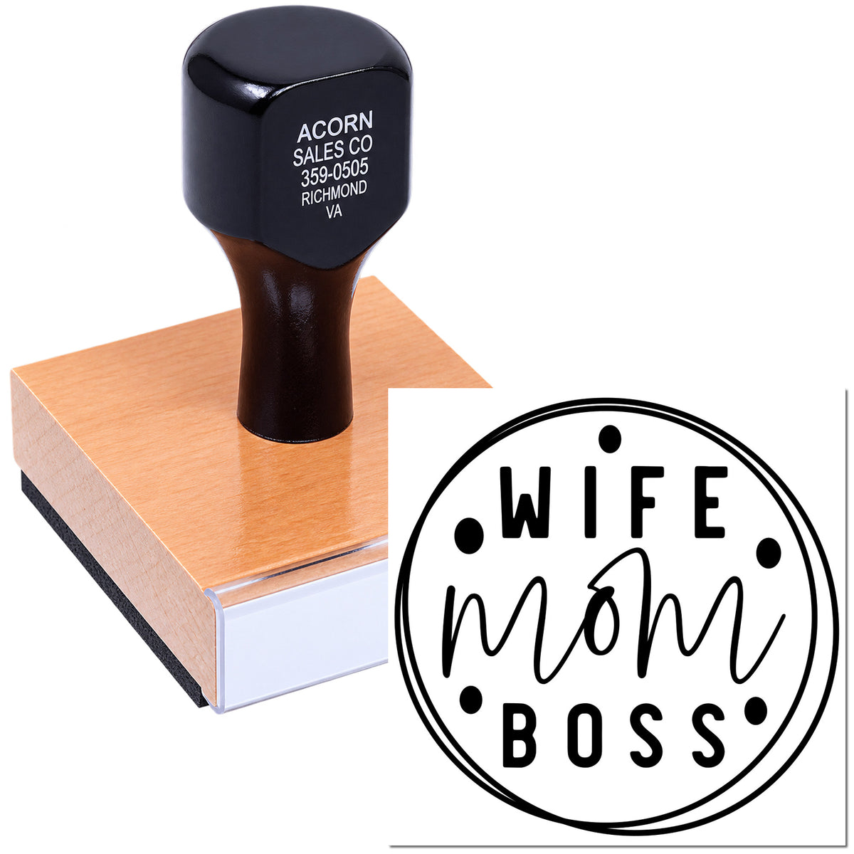 Custom rubber stamp featuring Wife Mom Boss for personalized crafts, cards, and handmade gifts.