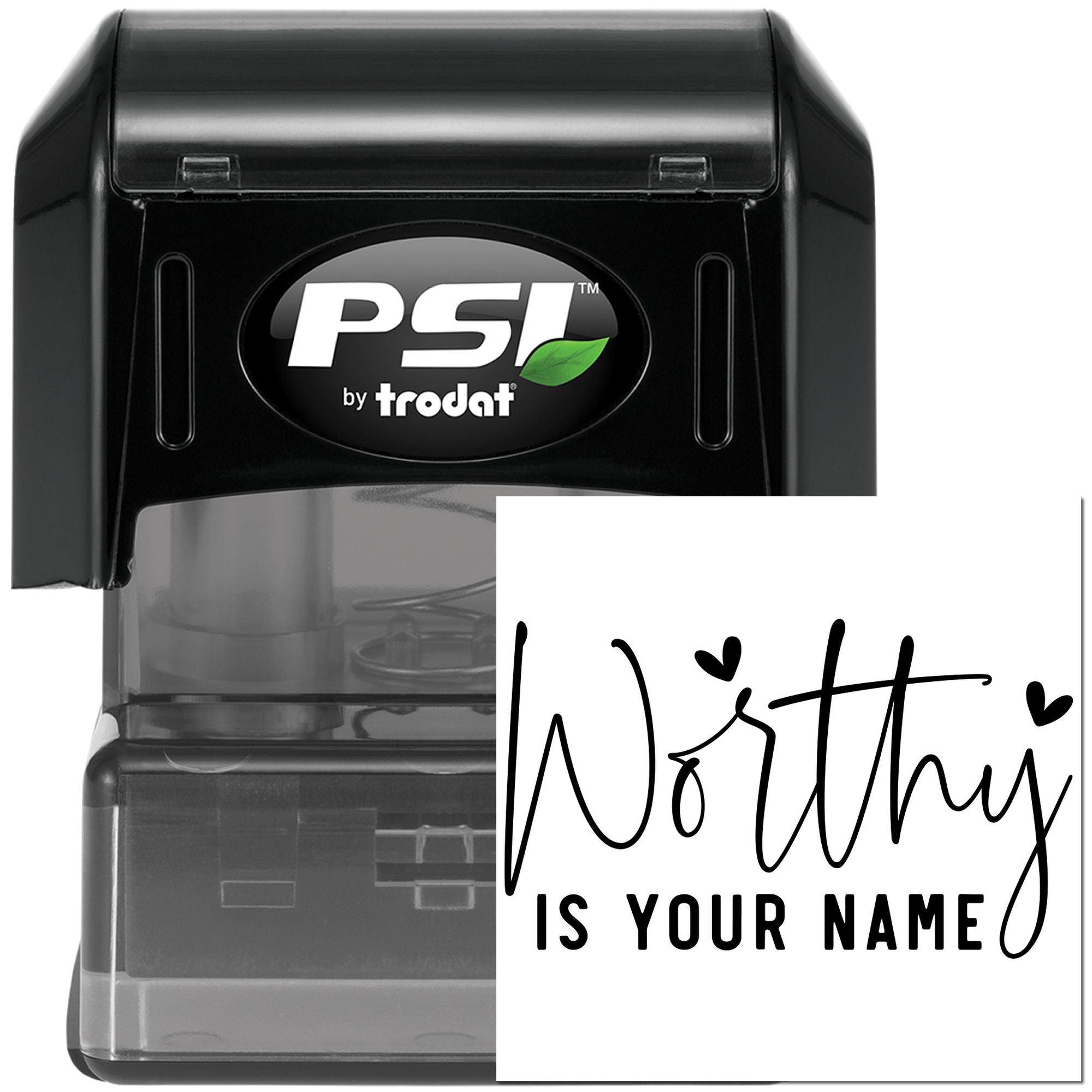Custom self-inking rubber stamp by PSI Trodat with personalized name imprint for office and business use.