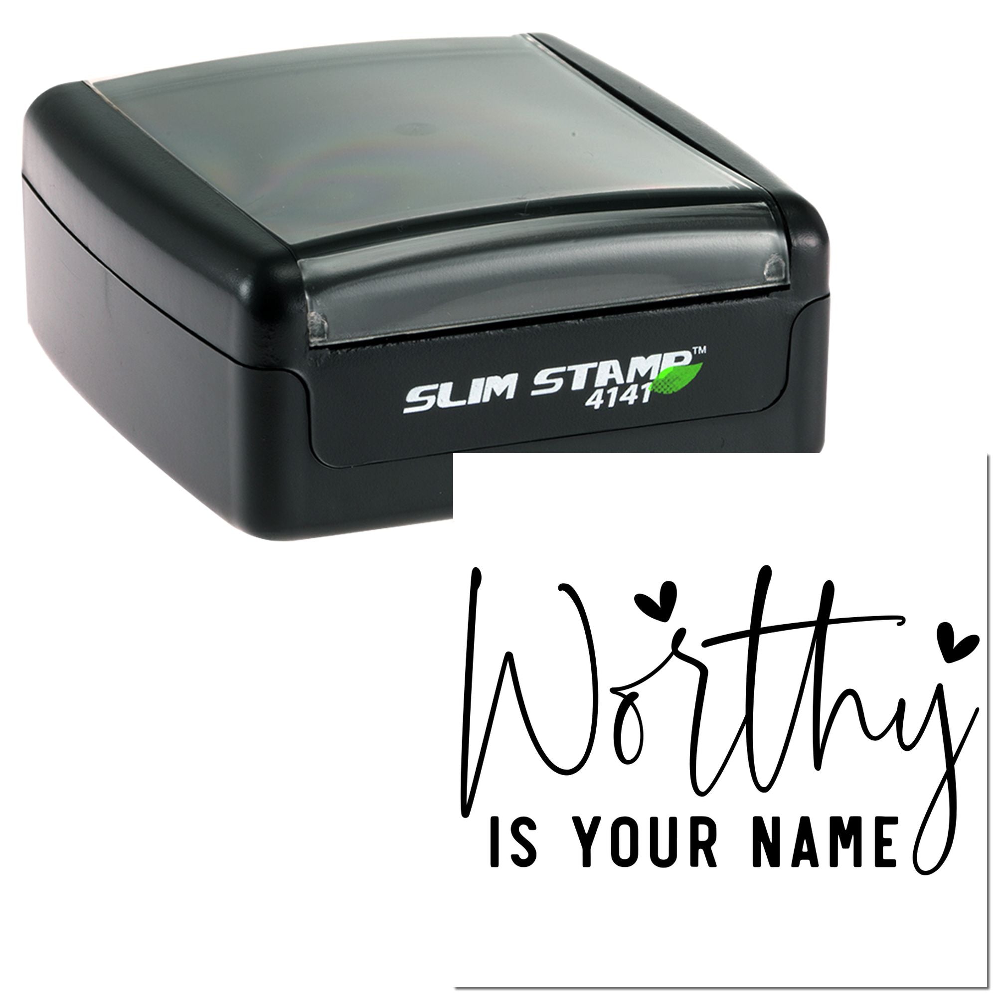 Personalized self-inking rubber stamp, Slim Stamp 4141, with sample custom name imprint