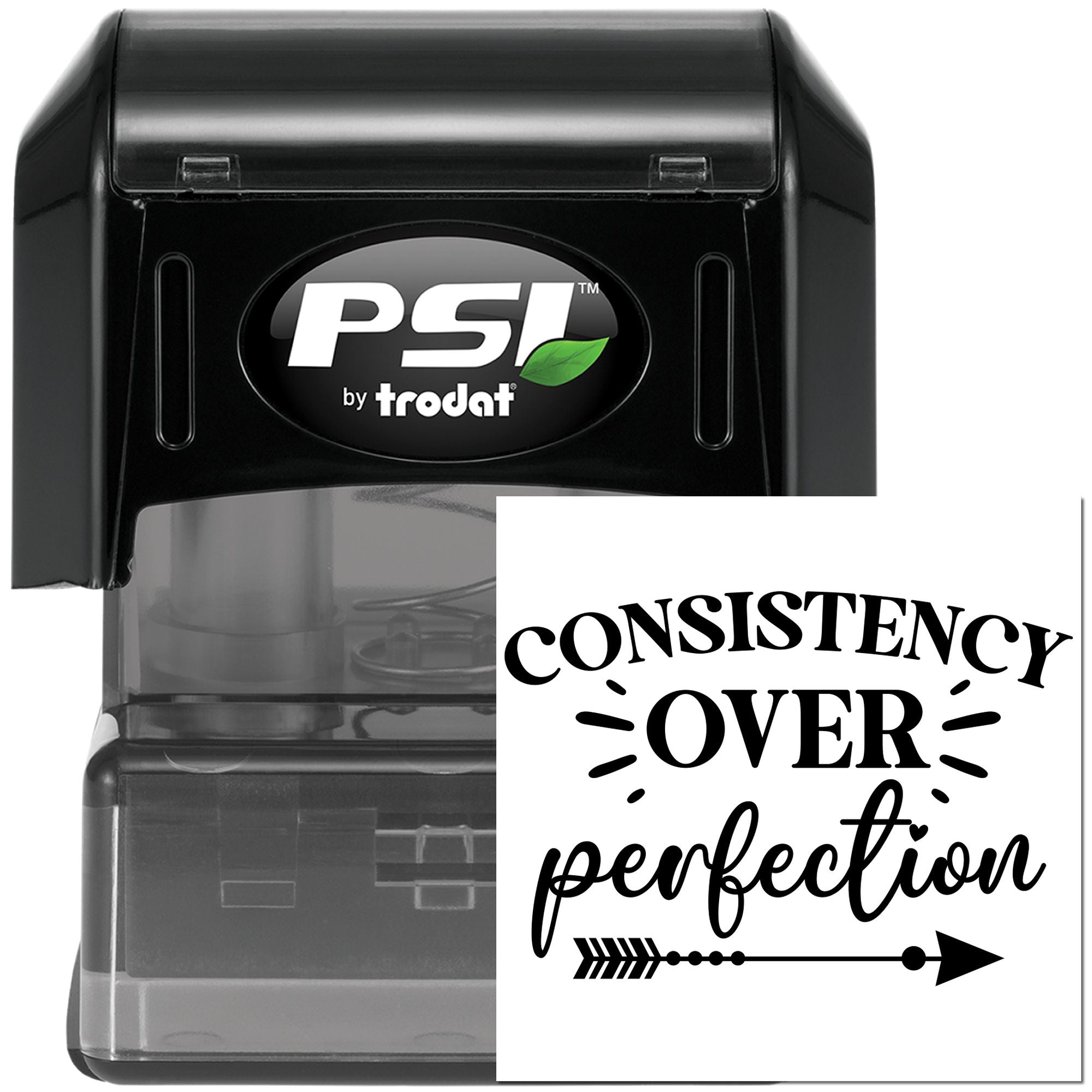 Custom self-inking rubber stamp with Consistency Over Perfection design for motivational branding, offices, and crafts.