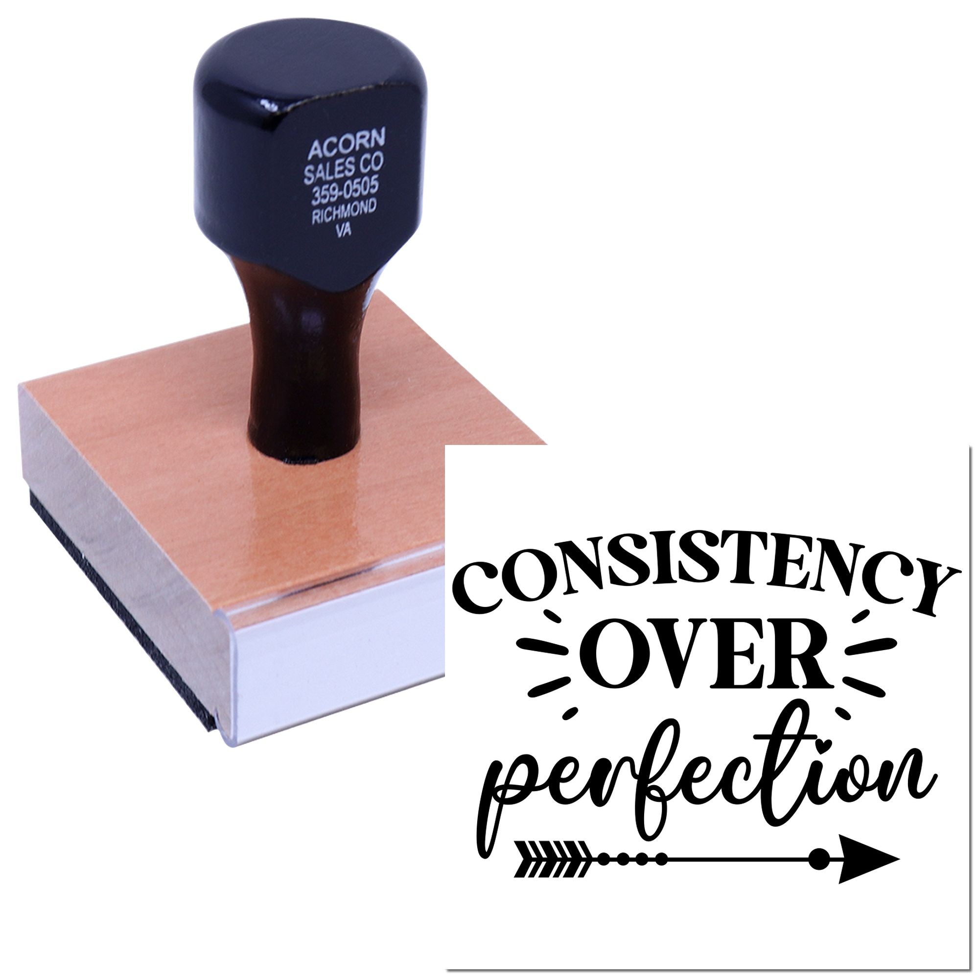 Custom rubber stamp on ink pad with Consistency Over Perfection design for branding and motivational stamping.