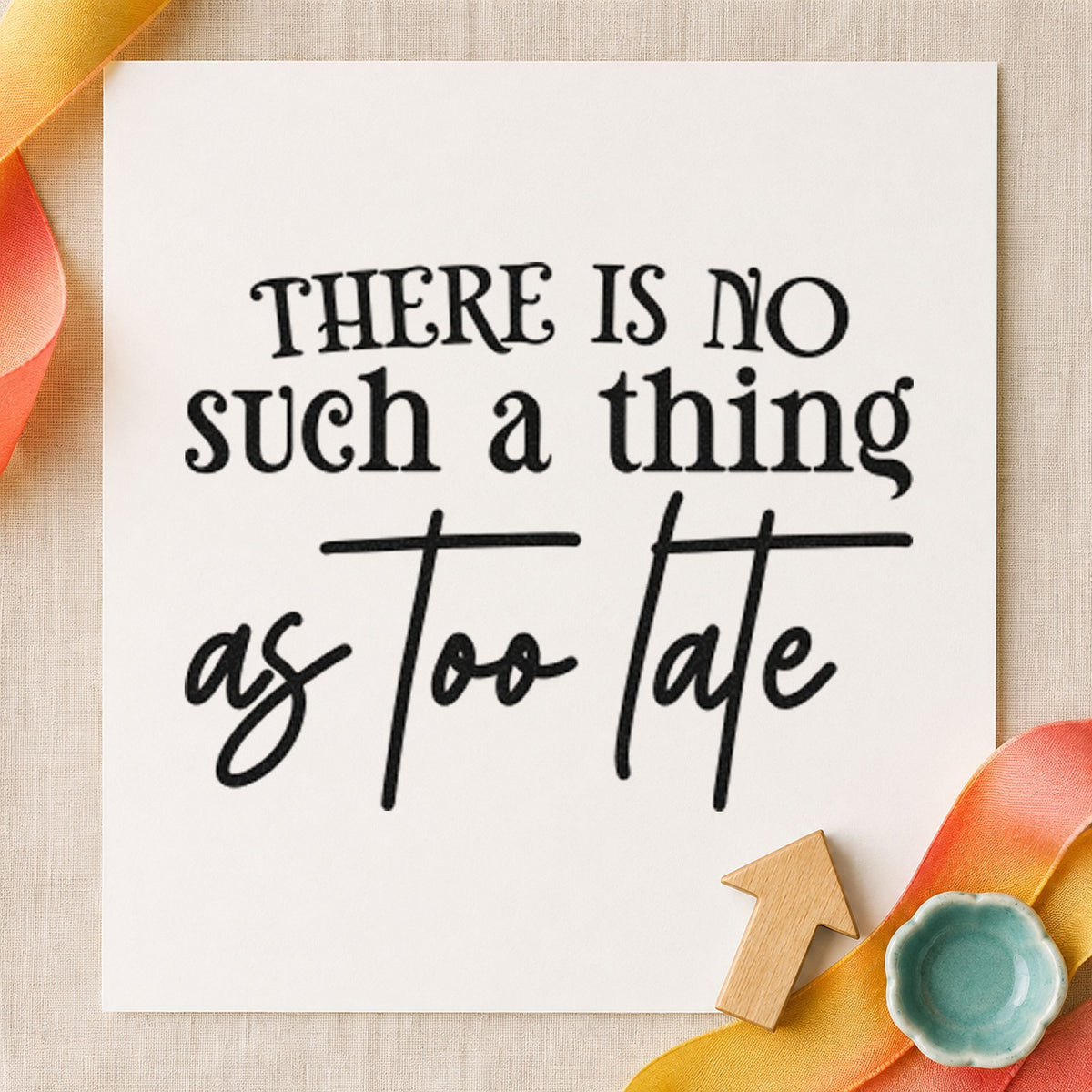 No Such Thing Too Late craft stamp imprint in black ink on a handmade project, one idea being swim kit gift tags.