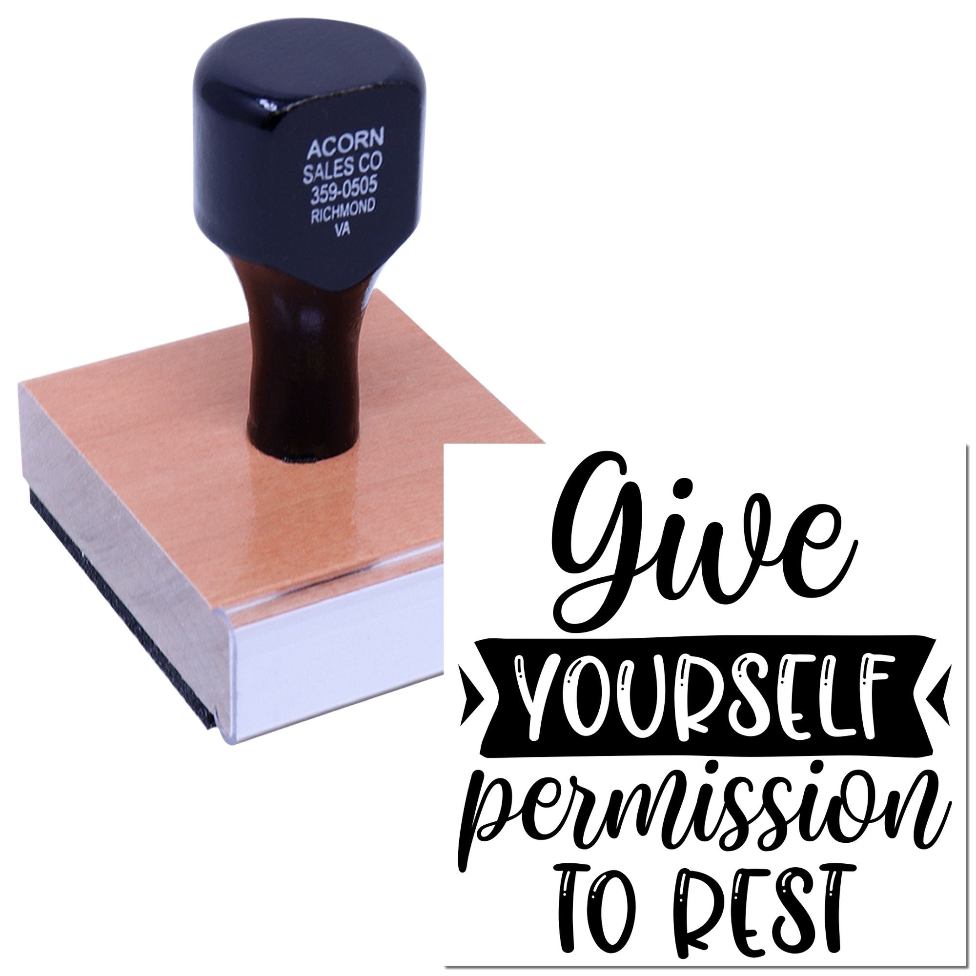 Self-inking rubber stamp with inspirational quote Give yourself permission to rest for self-care, planners, and paper crafts.