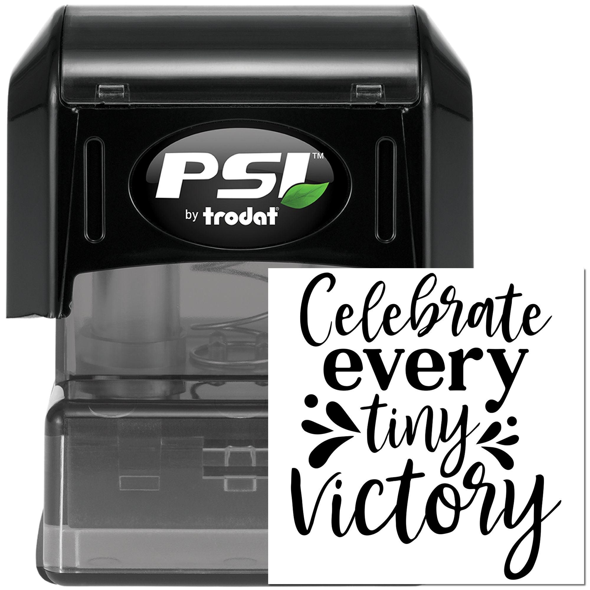 Custom self-inking rubber stamp with Celebrate every tiny victory motivational design for cards and packaging.