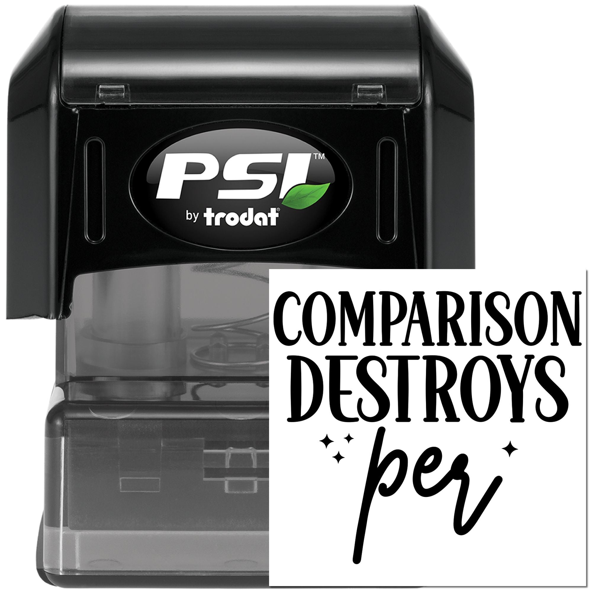 PSI by Trodat self-inking rubber stamp with Comparison Destroys imprint for office document control.