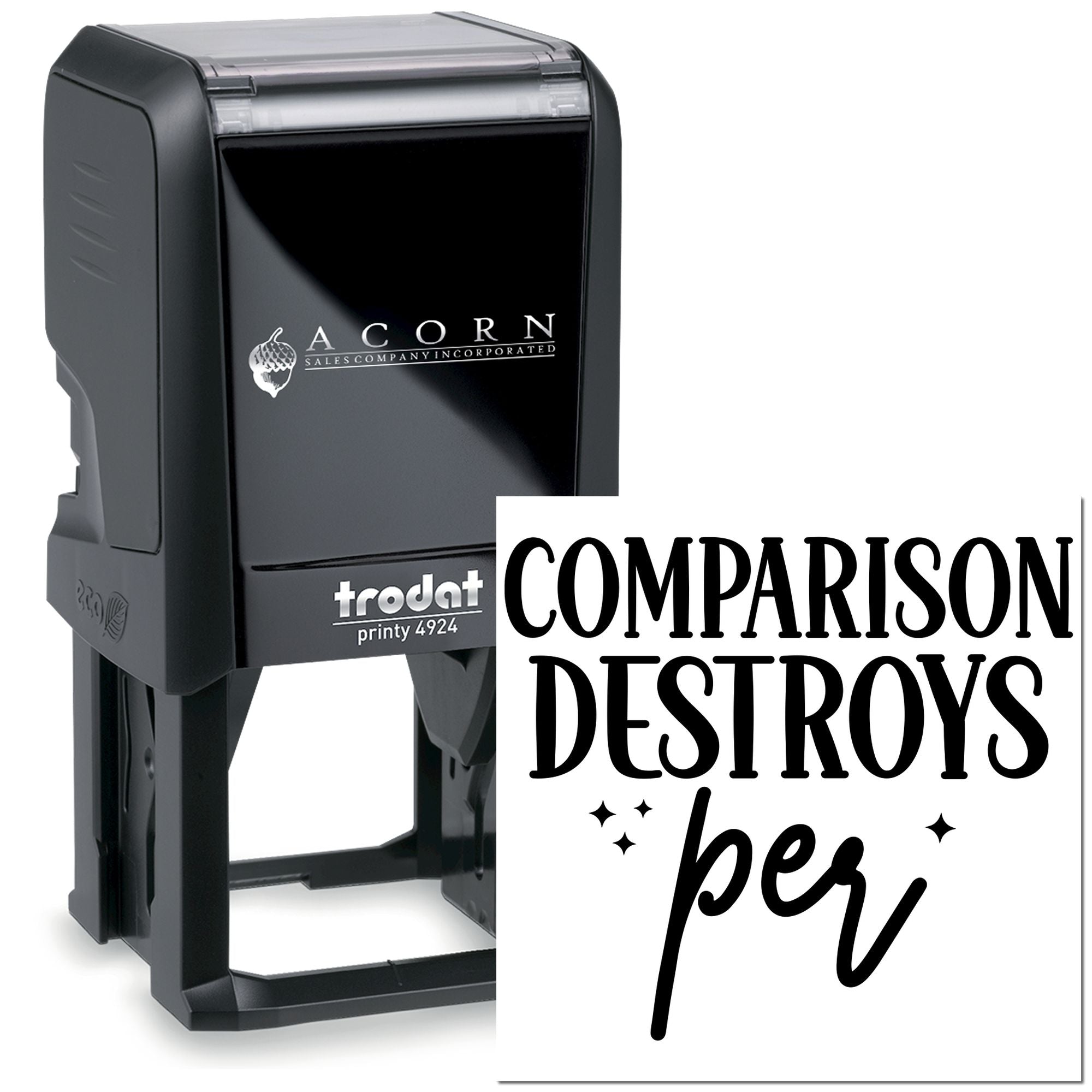 Trodat Printy 4924 self-inking rubber stamp comparison for custom logo imprint, Acorn Sales Company