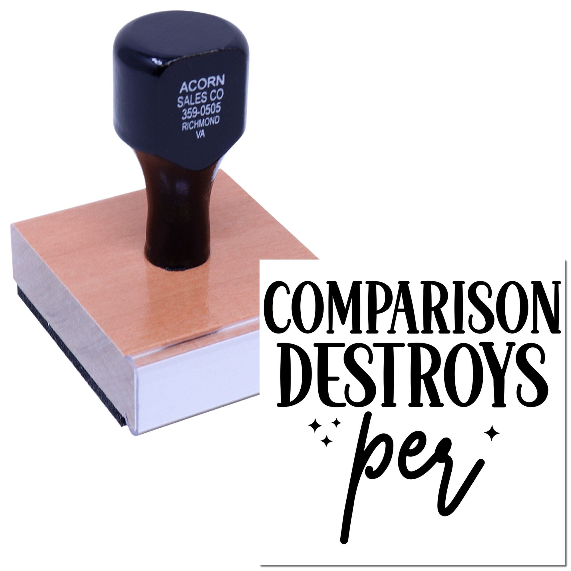 Custom rubber stamp with large wood handle for bold Comparison Destroys marking.