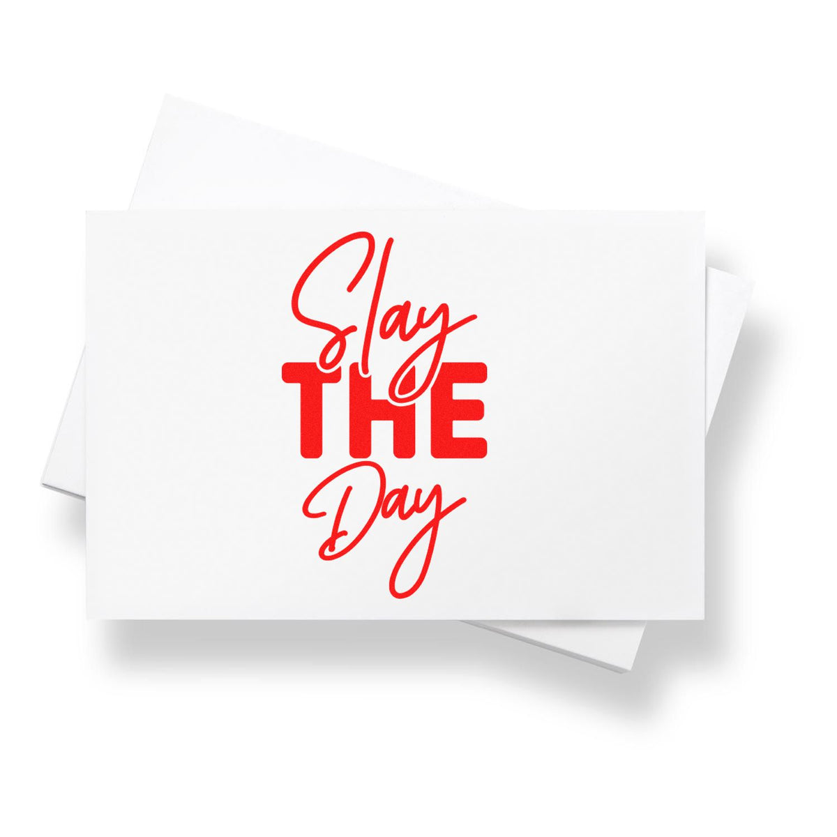 Motivational Slay the Day rubber stamp design in red for custom stationery, planners, and craft projects.