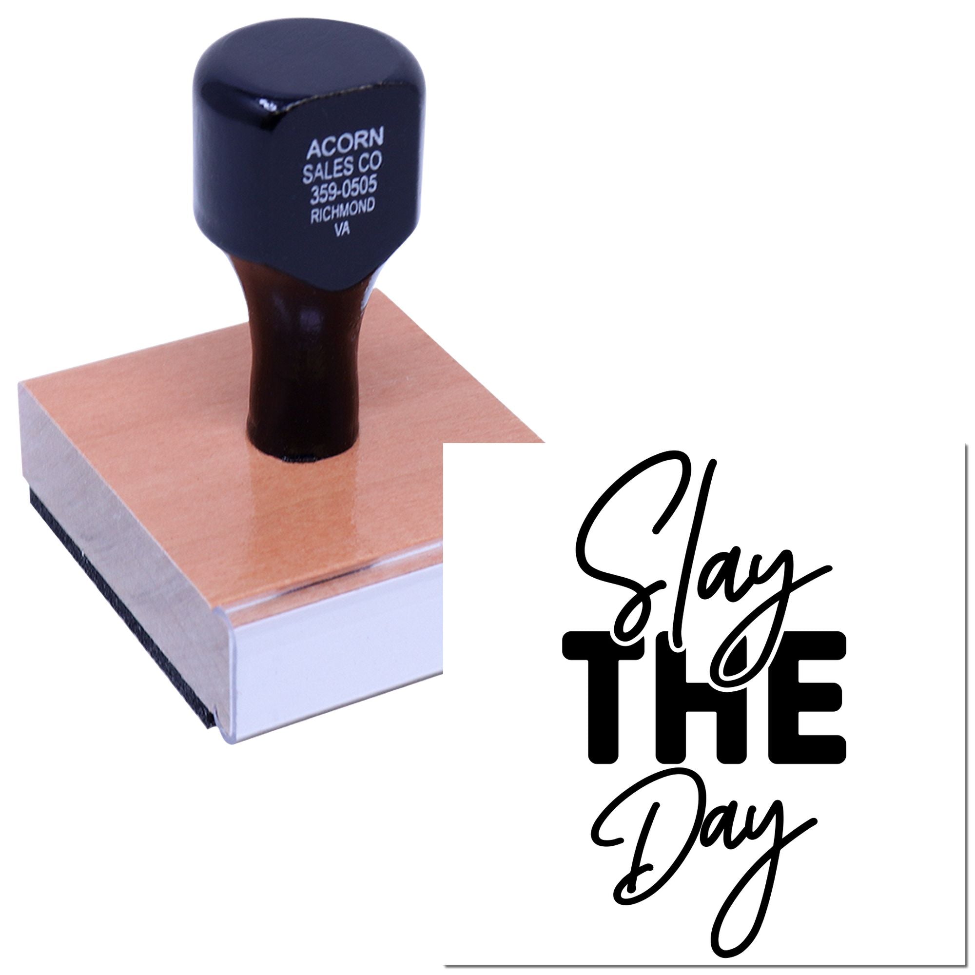 Custom rubber stamp impression reading Slay the Day for planners, packaging, and craft branding.