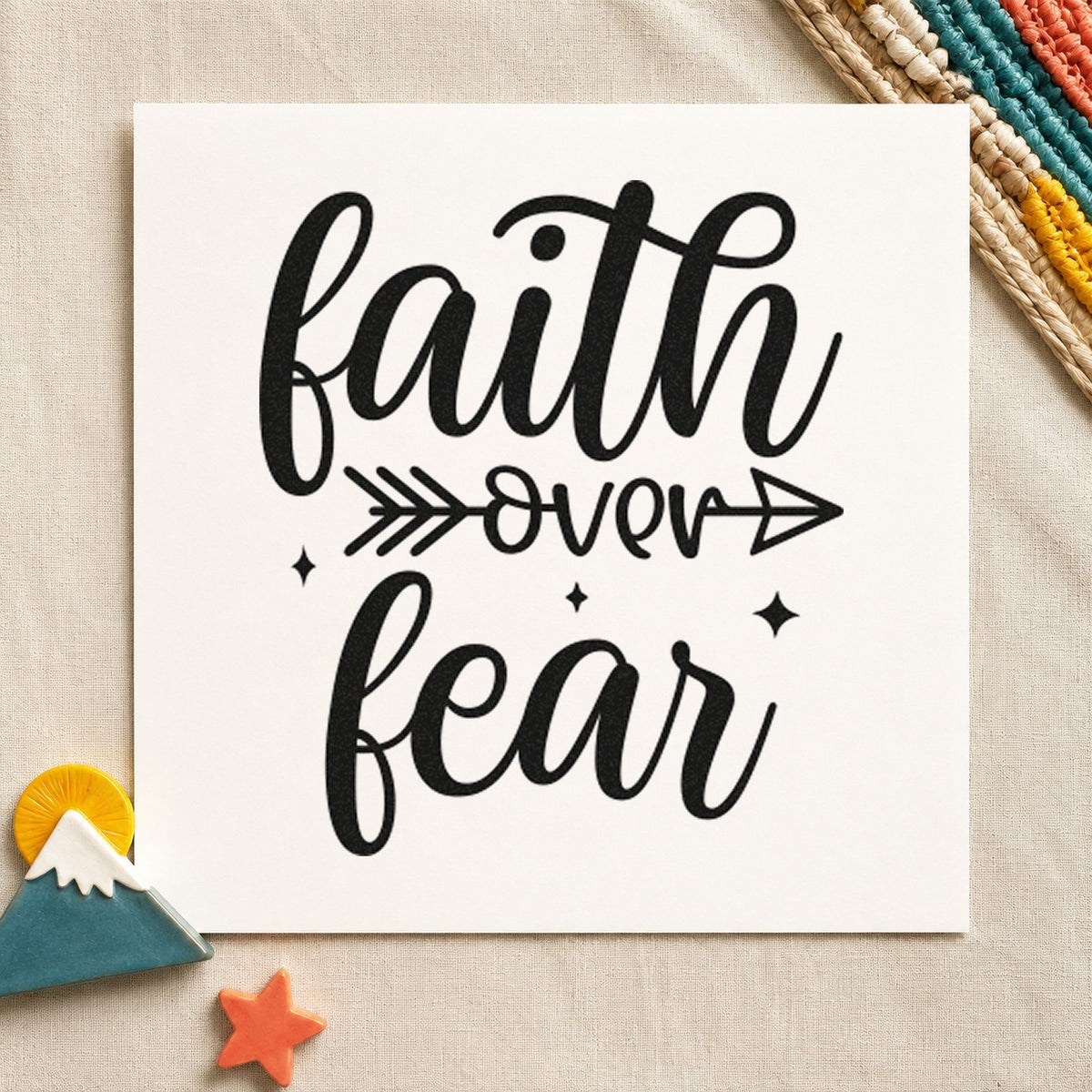 Faith Over Fear Arrow craft stamp in black ink on cardstock, an easy option for trip album page.