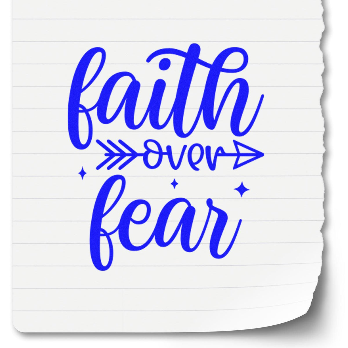 Faith over fear blue script rubber stamp design with arrow and sparkles for inspirational crafts, planners, and stationery.