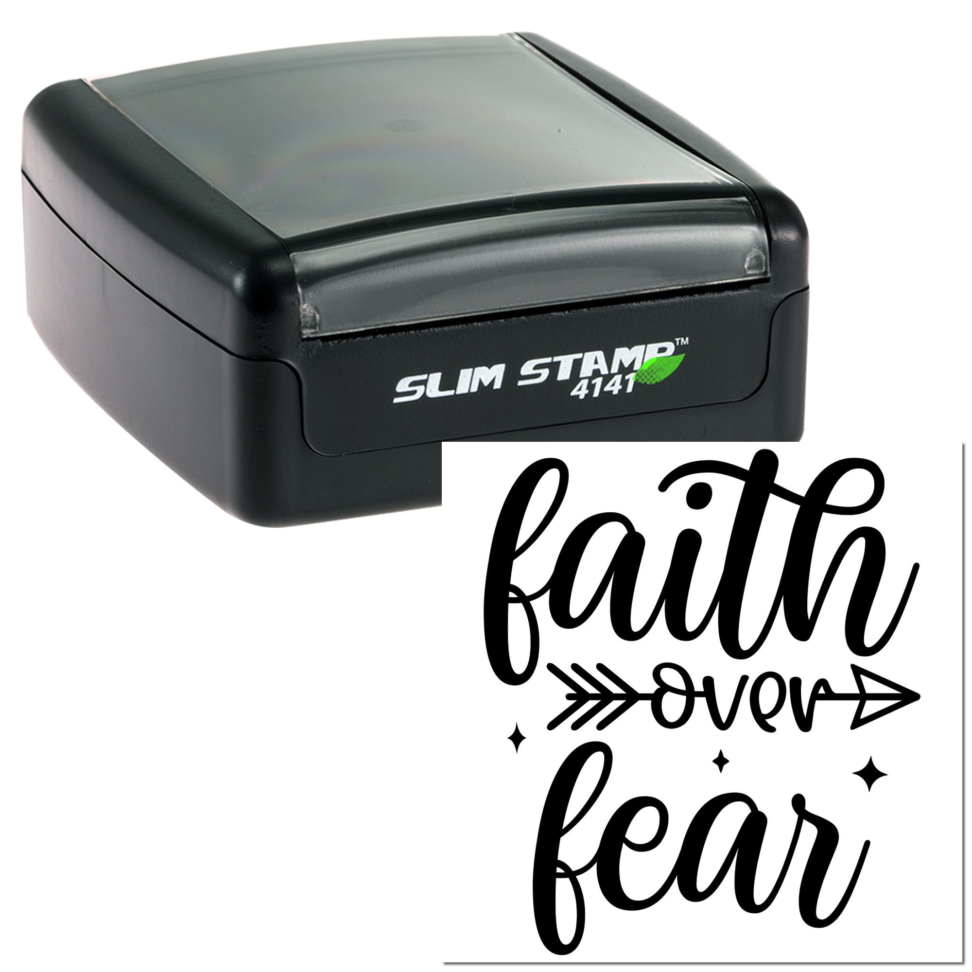 Slim Stamp 4141 self-inking rubber stamp with faith over fear custom motivational design for card making, journaling, and branding.