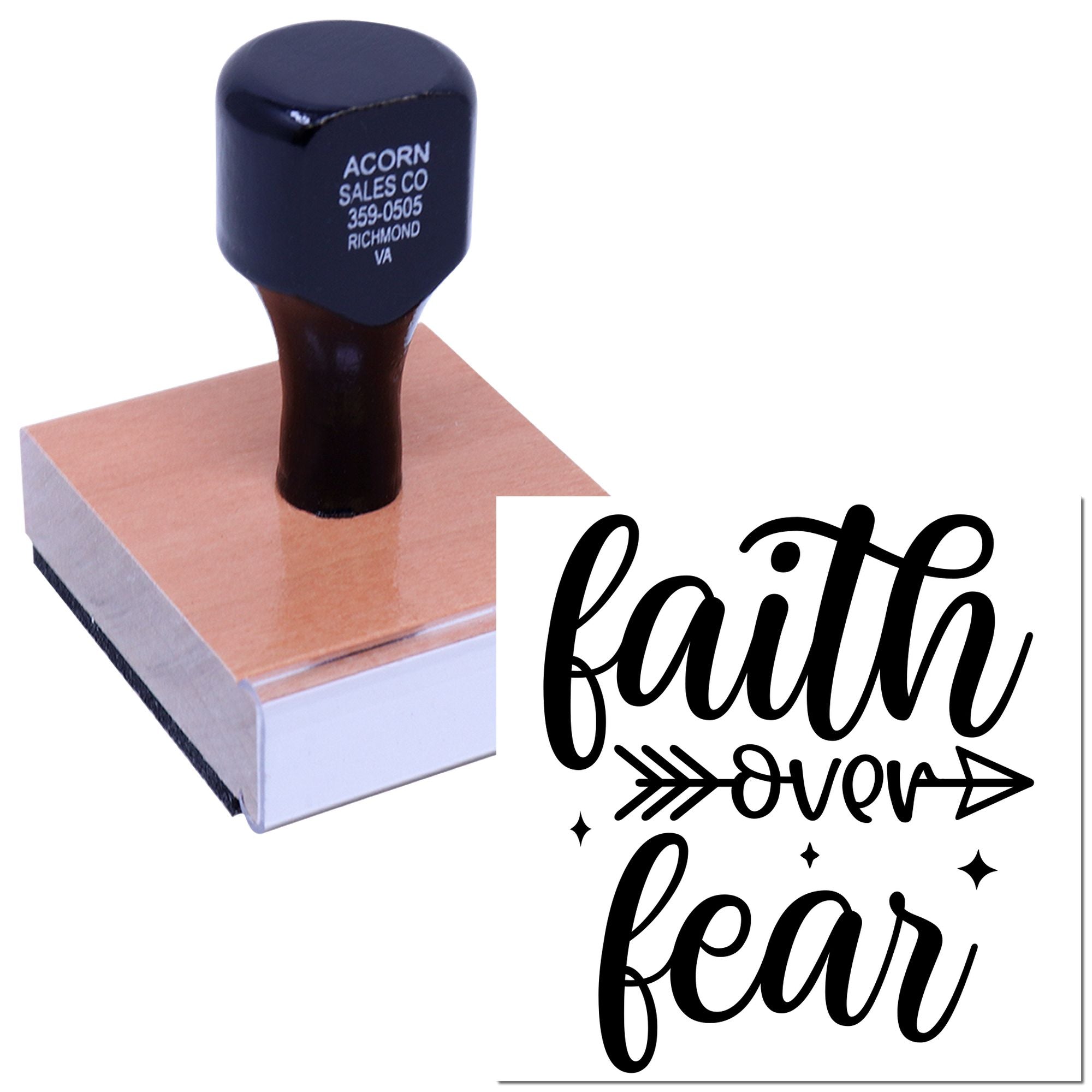 Custom rubber stamp with Faith Over Fear design for inspirational crafts, packaging, and faith-based branding.