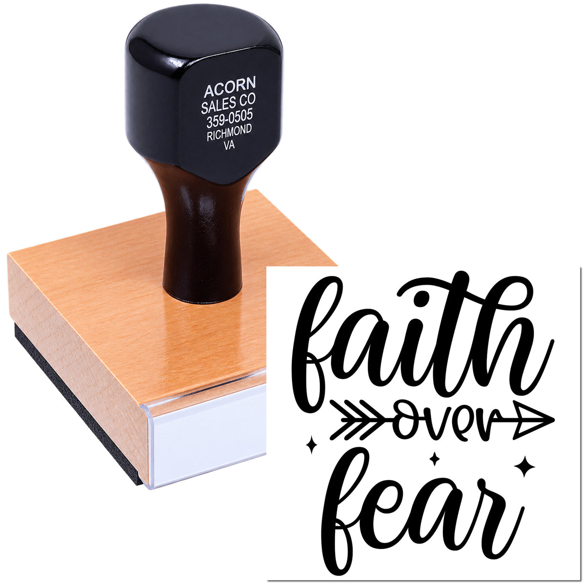 Custom rubber stamp with Faith Over Fear design for inspirational crafts, packaging, and faith-based branding.
