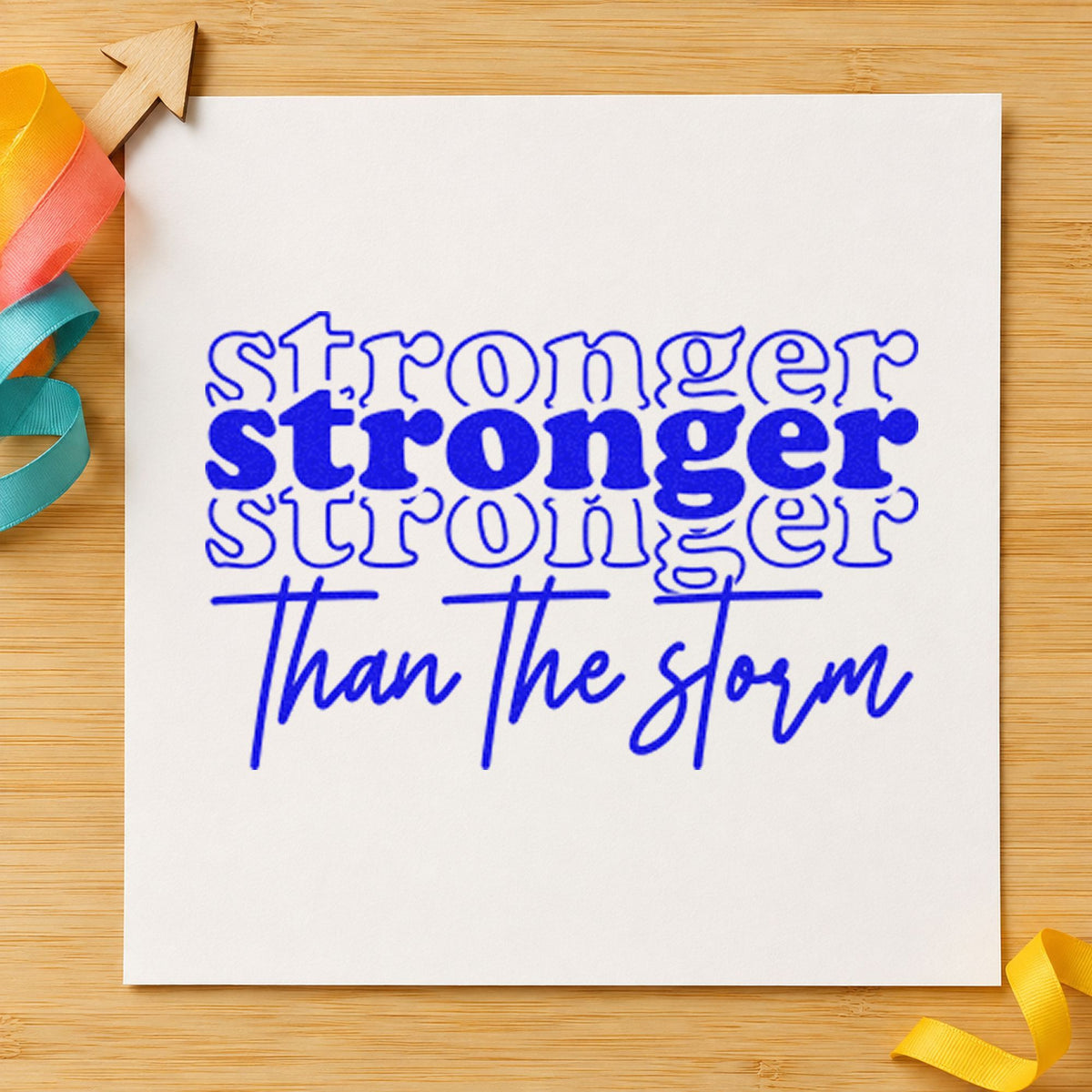 Stronger Than The Storm Repeated craft stamp imprinted in blue ink on paper, a design suited to framed wrestling room.
