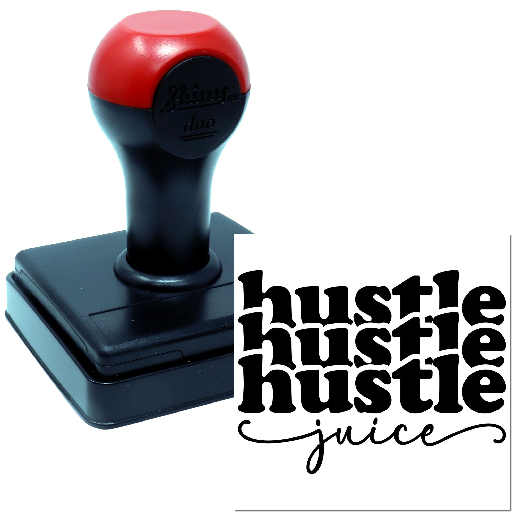 Self-inking rubber stamp with Hustle Juice logo, ideal for custom branding and business stamping.