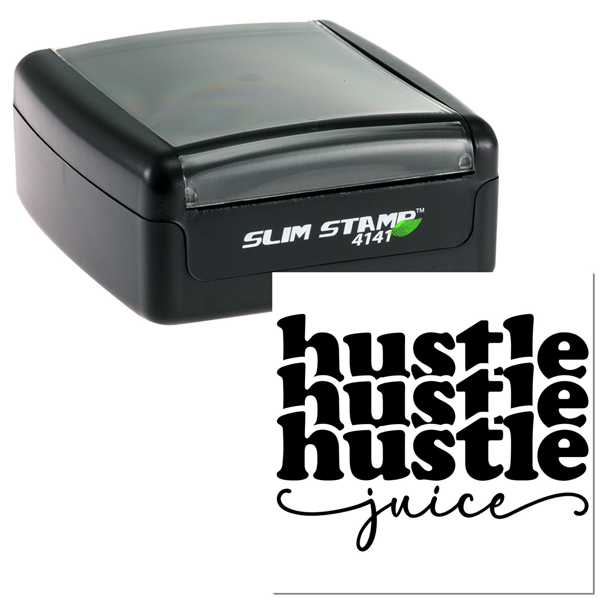 Slim Stamp 4141 self-inking rubber stamp with custom Hustle Juice logo design for business branding.