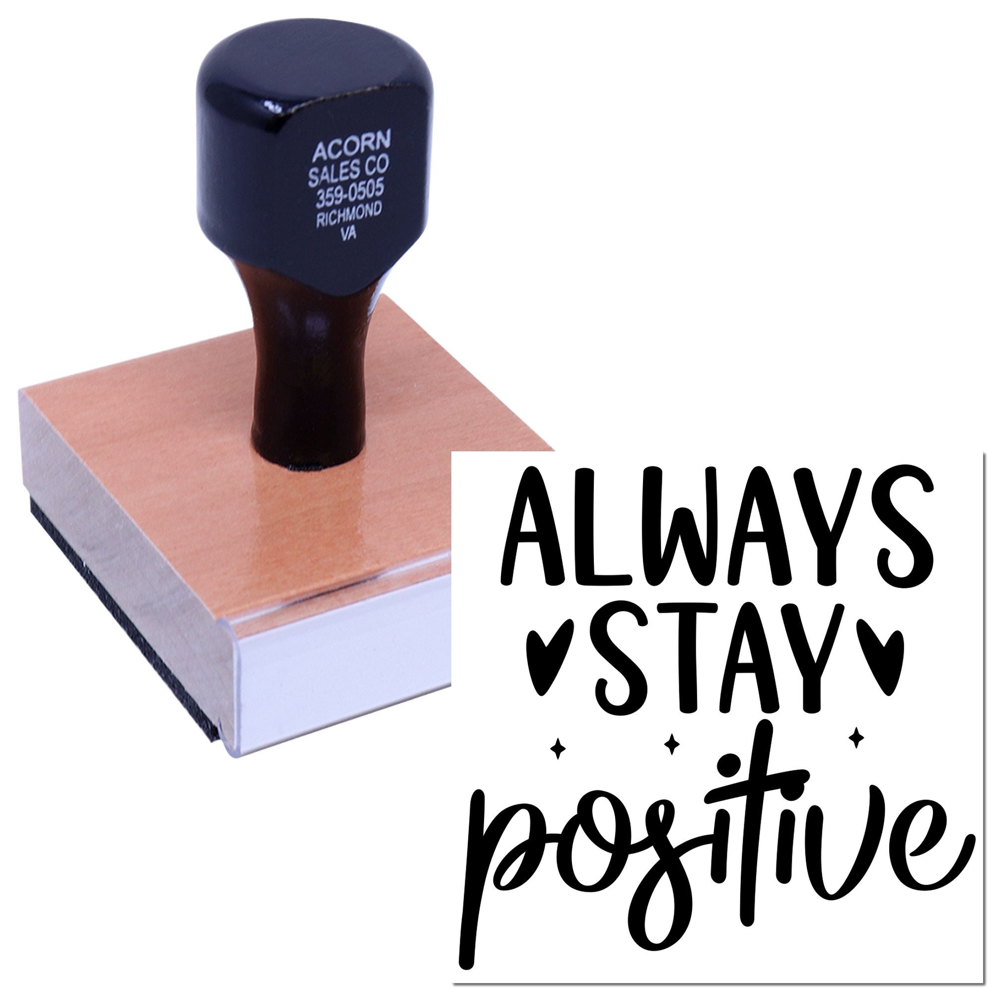Custom rubber stamp imprint reading Always Stay Positive with hearts and stars, ideal for uplifting packaging and crafts.
