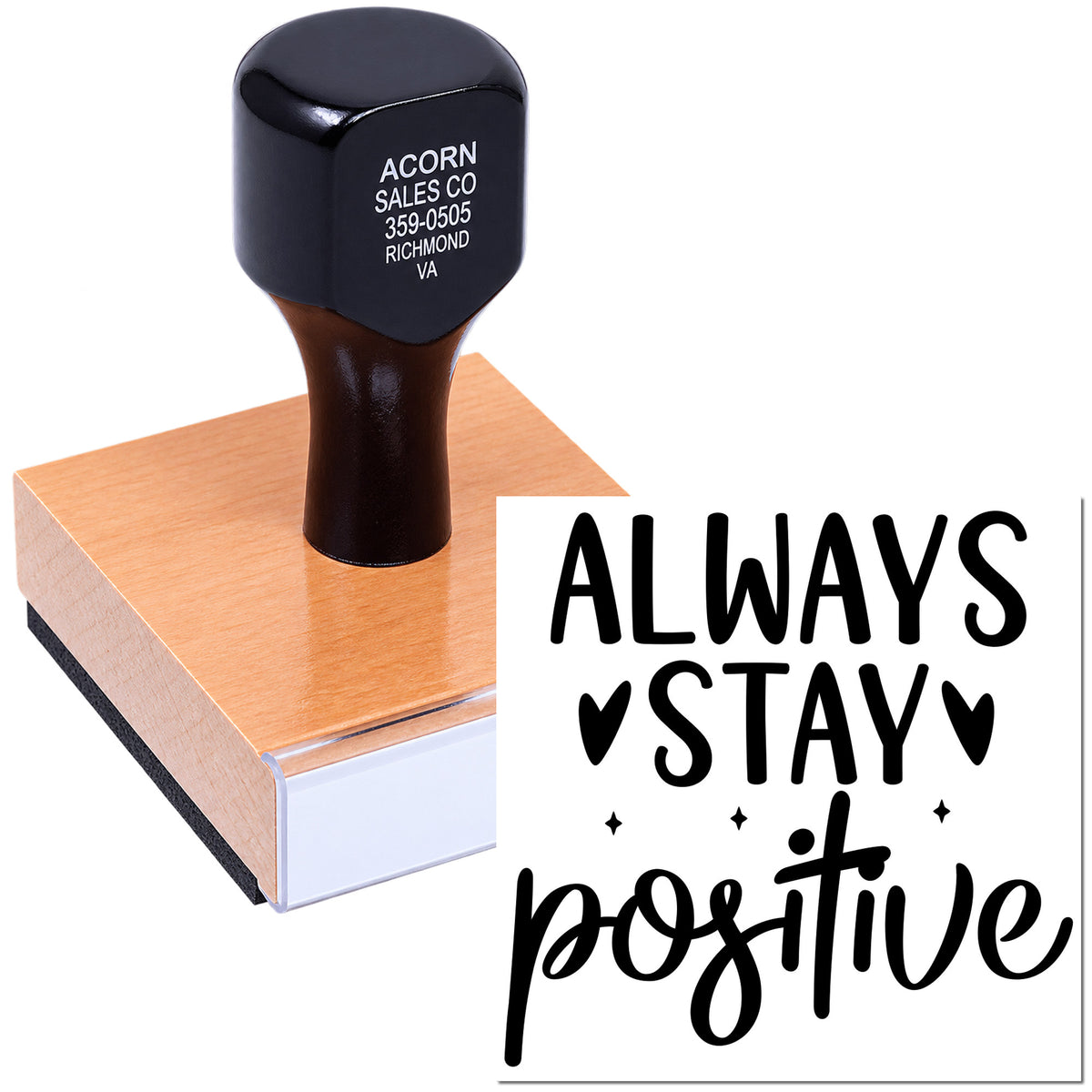 Custom rubber stamp imprint reading Always Stay Positive with hearts and stars, ideal for uplifting packaging and crafts.