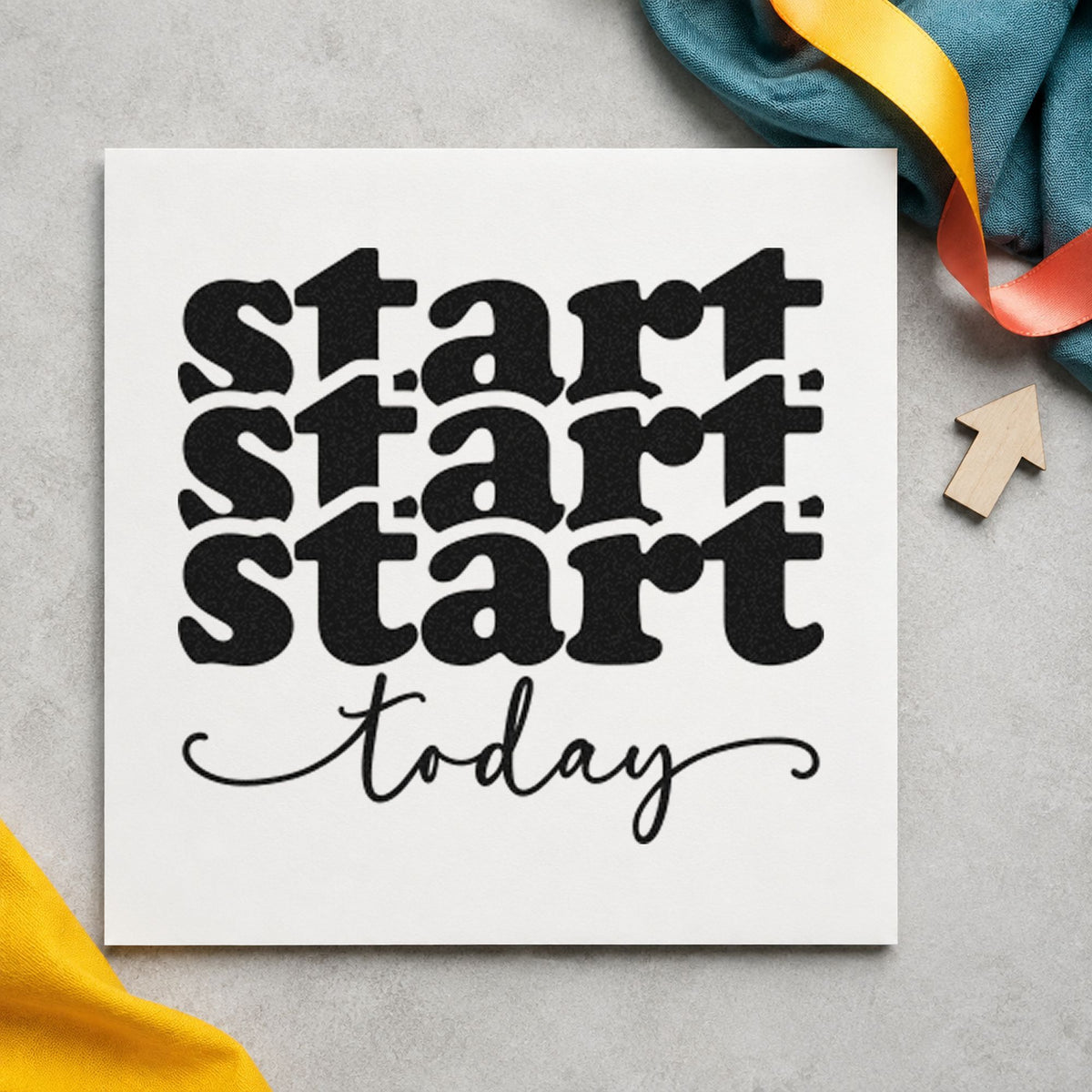 Start Today Repeated Lettering craft stamp imprint in black ink on a handmade project, one idea being starter kit gift tags.