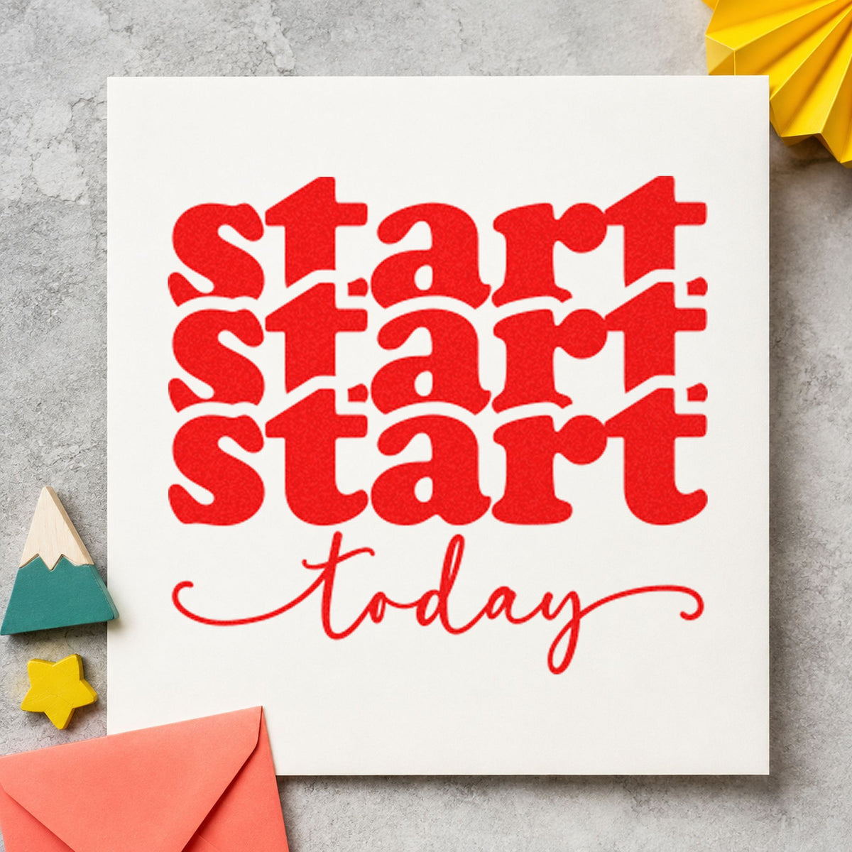 Start Today Repeated Lettering craft stamp imprint in red ink on a handmade project, one idea being basic recipe cards.