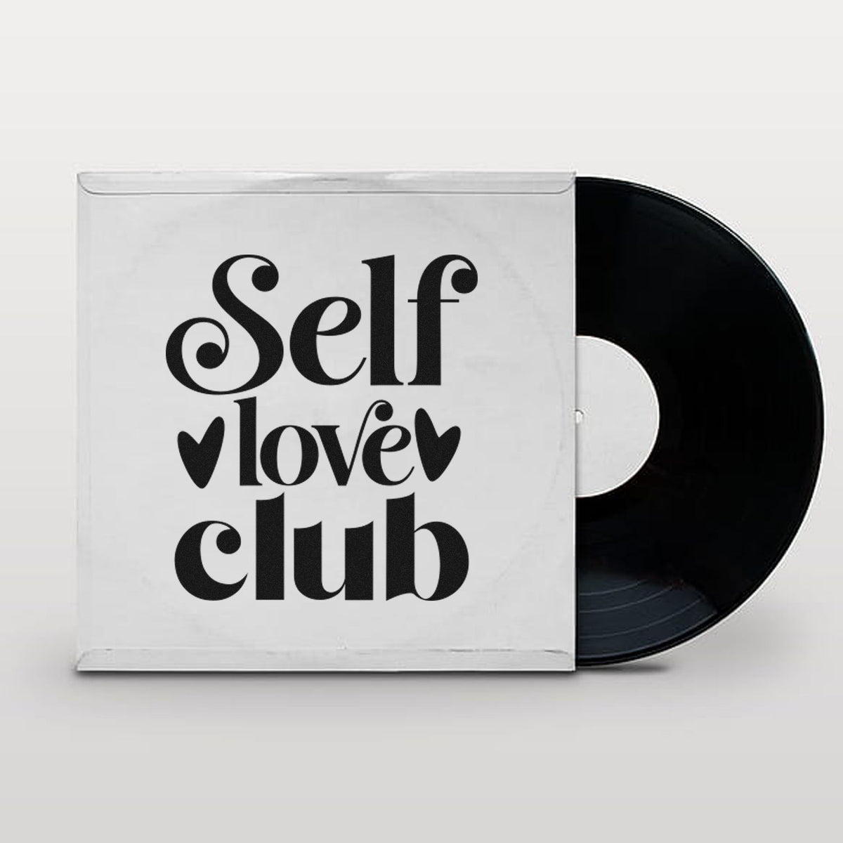 Self Love Club rubber stamp design mockup with bold black typography on a vinyl record sleeve.