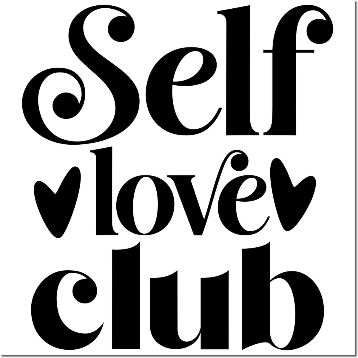 Self Love Club custom rubber stamp design with bold black typography and heart accents.