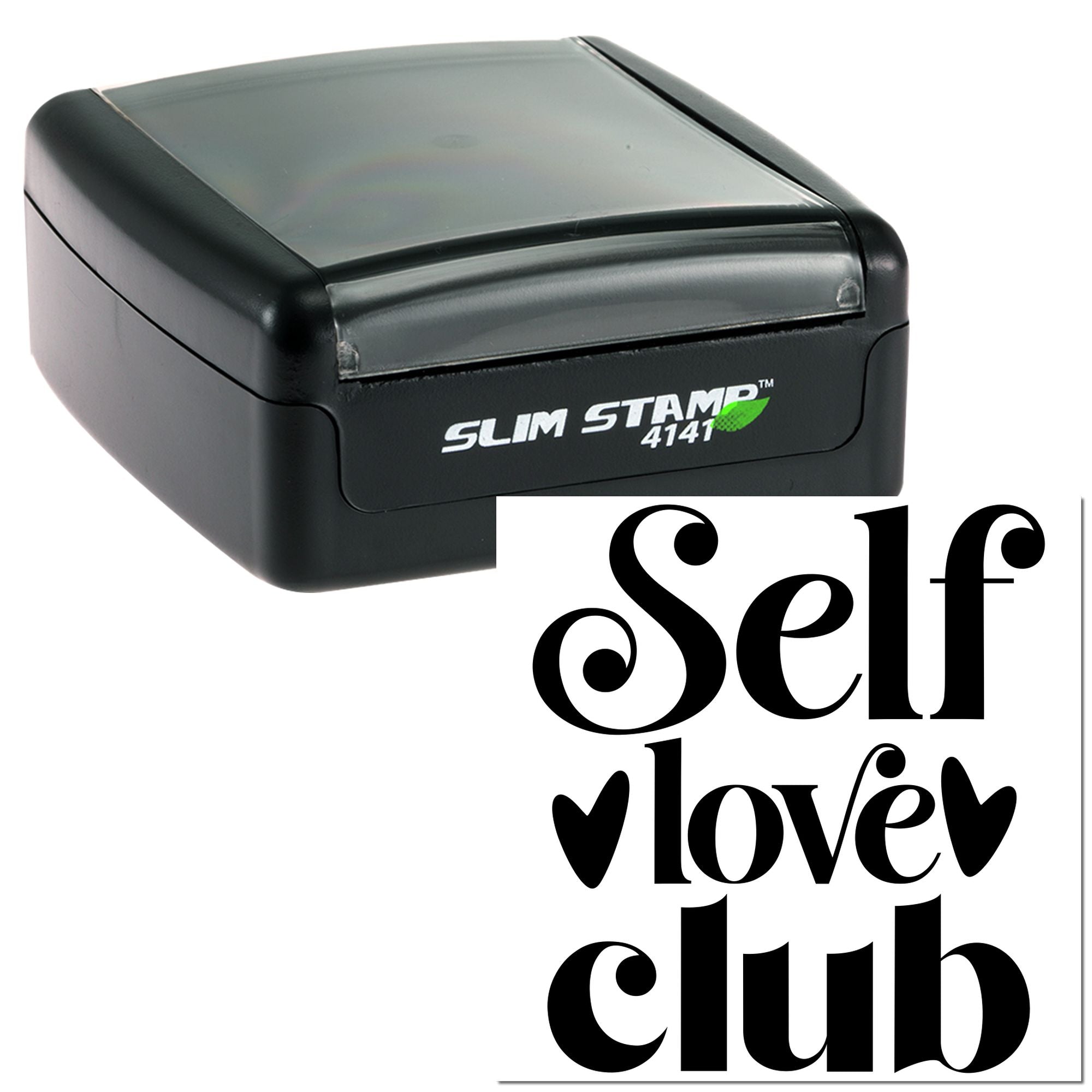 Self Love Club custom rubber stamp with Slim Stamp 4141 case for personalized branding, crafts, and stationery.