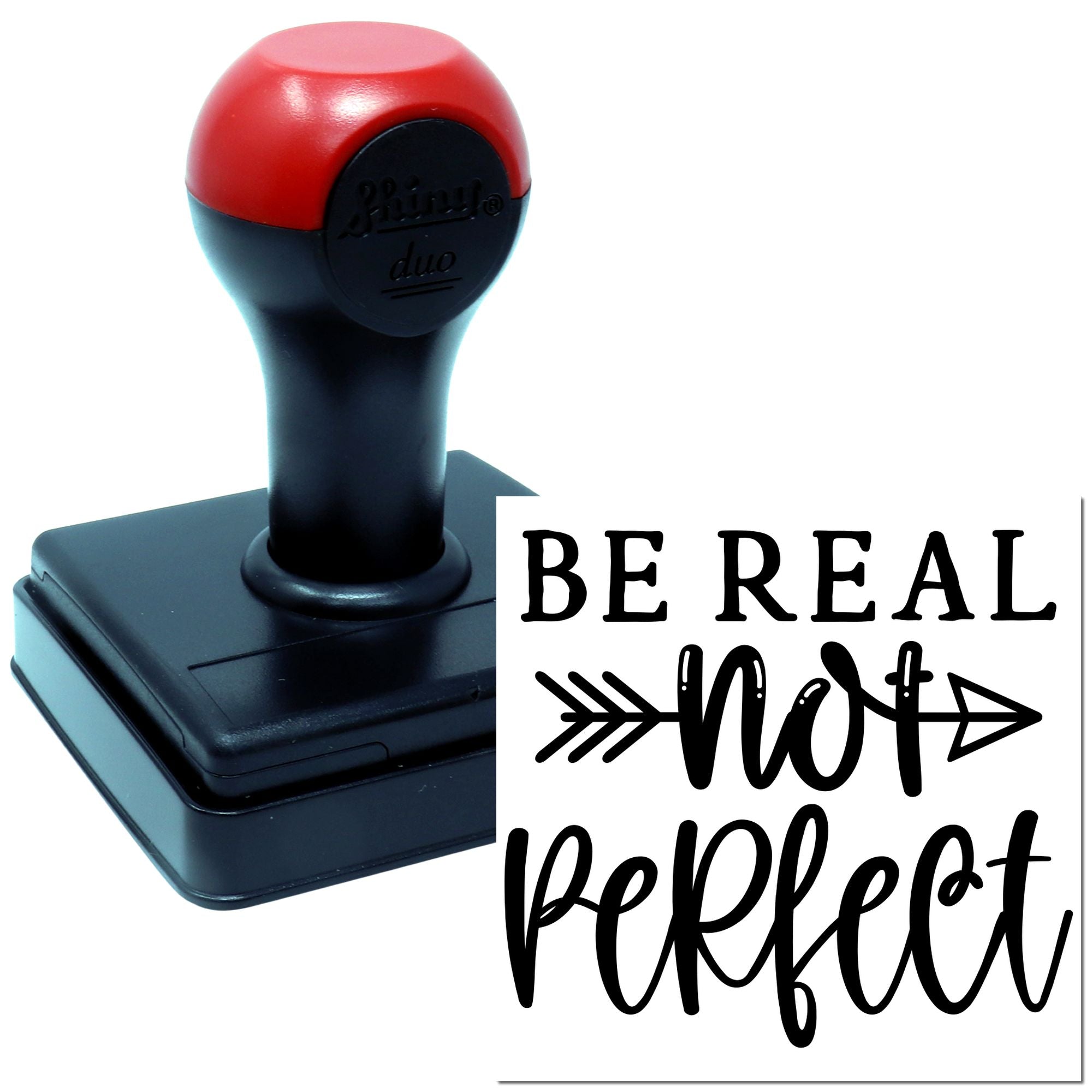 Custom self-inking rubber stamp with Be real not perfect quote for handmade crafts, journaling, and branding.