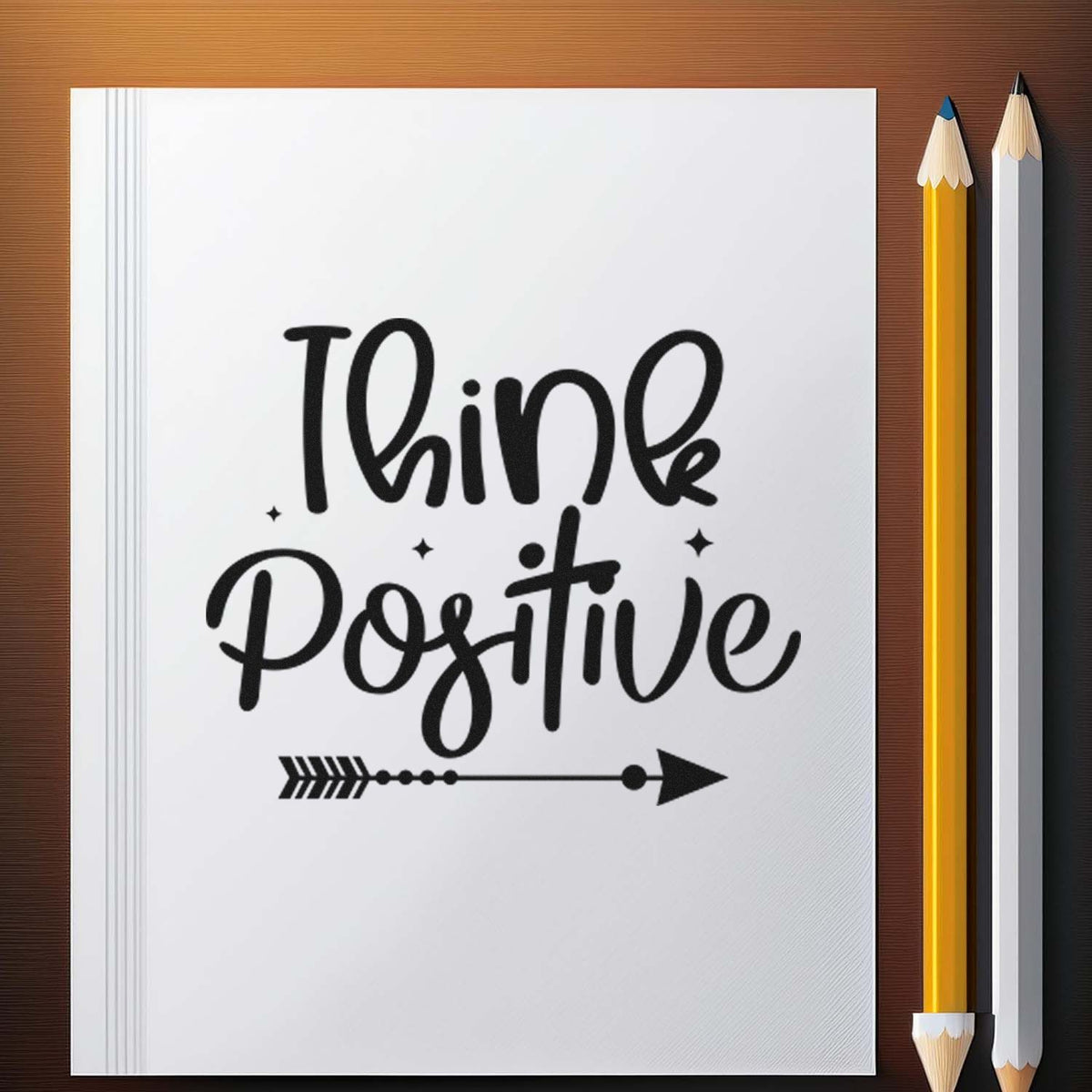Think Positive rubber stamp design for journals and planners with handwritten typography and arrow accent.