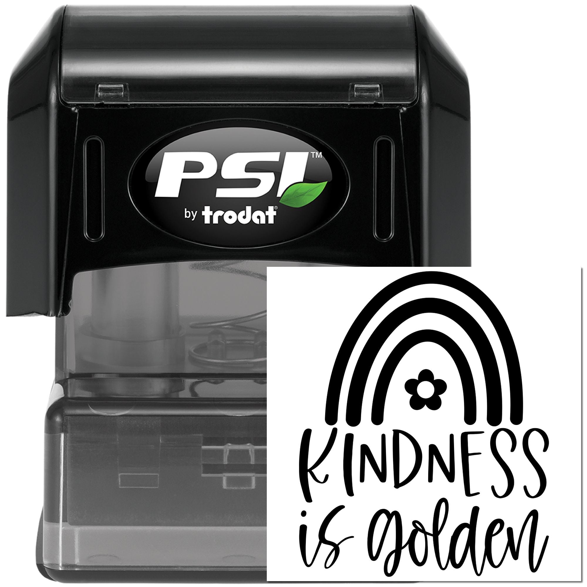 PSI by Trodat self-inking rubber stamp with custom "Kindness is Golden" rainbow design for personalized craft stamping.