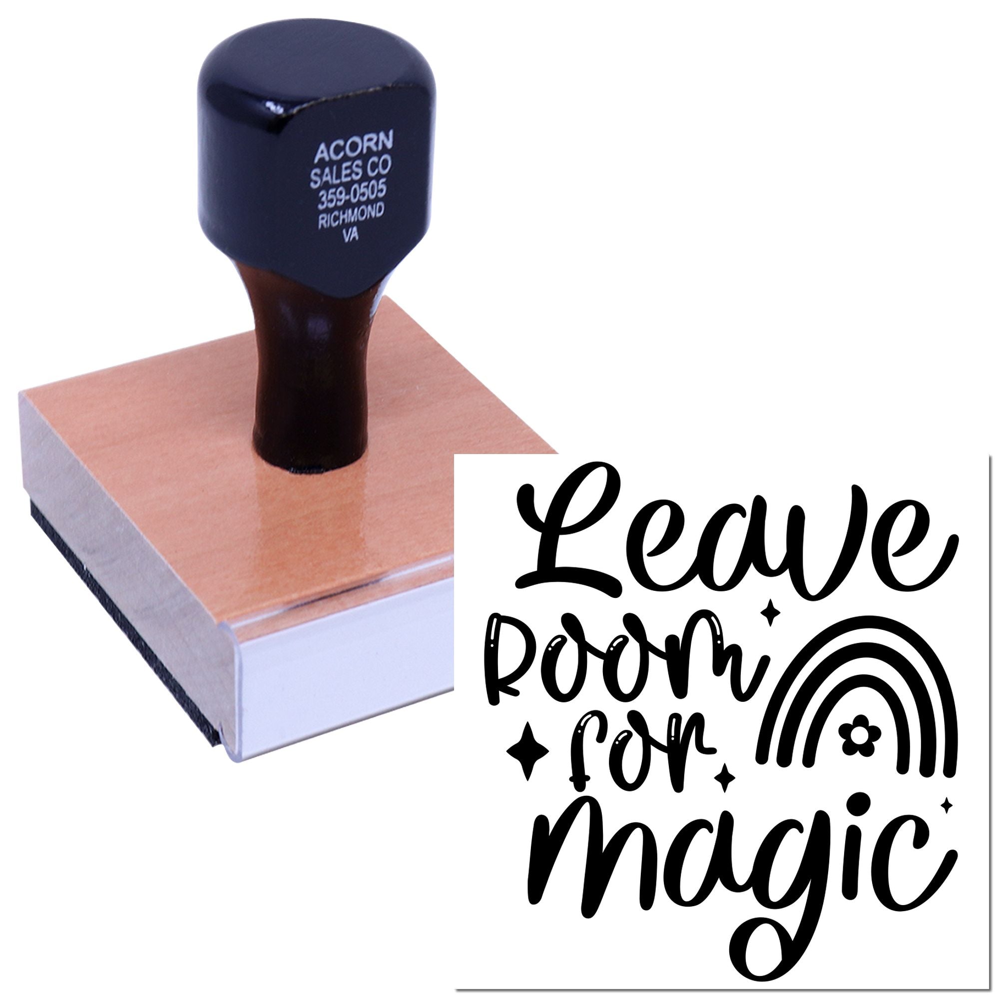 Custom rubber stamp with Leave Room for Magic design on wooden stamp block, ideal for crafts, branding, and gift packaging