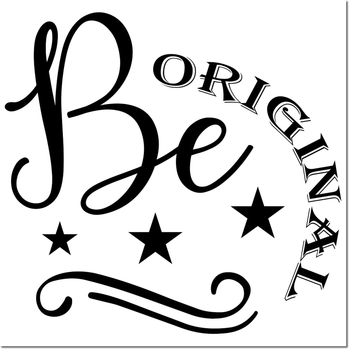 Believe rubber stamp design with decorative script and stars, ideal for inspirational crafting, cards, and paper projects.