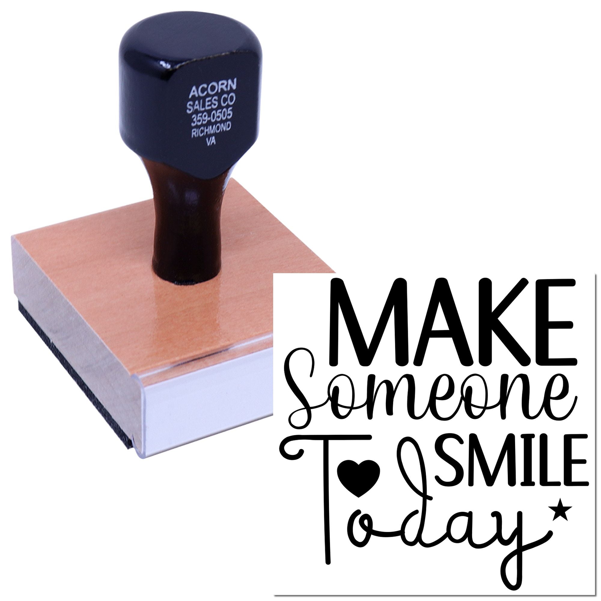 Custom rubber stamp with Make Someone Smile Today design and sample business imprint for personalized stamping.