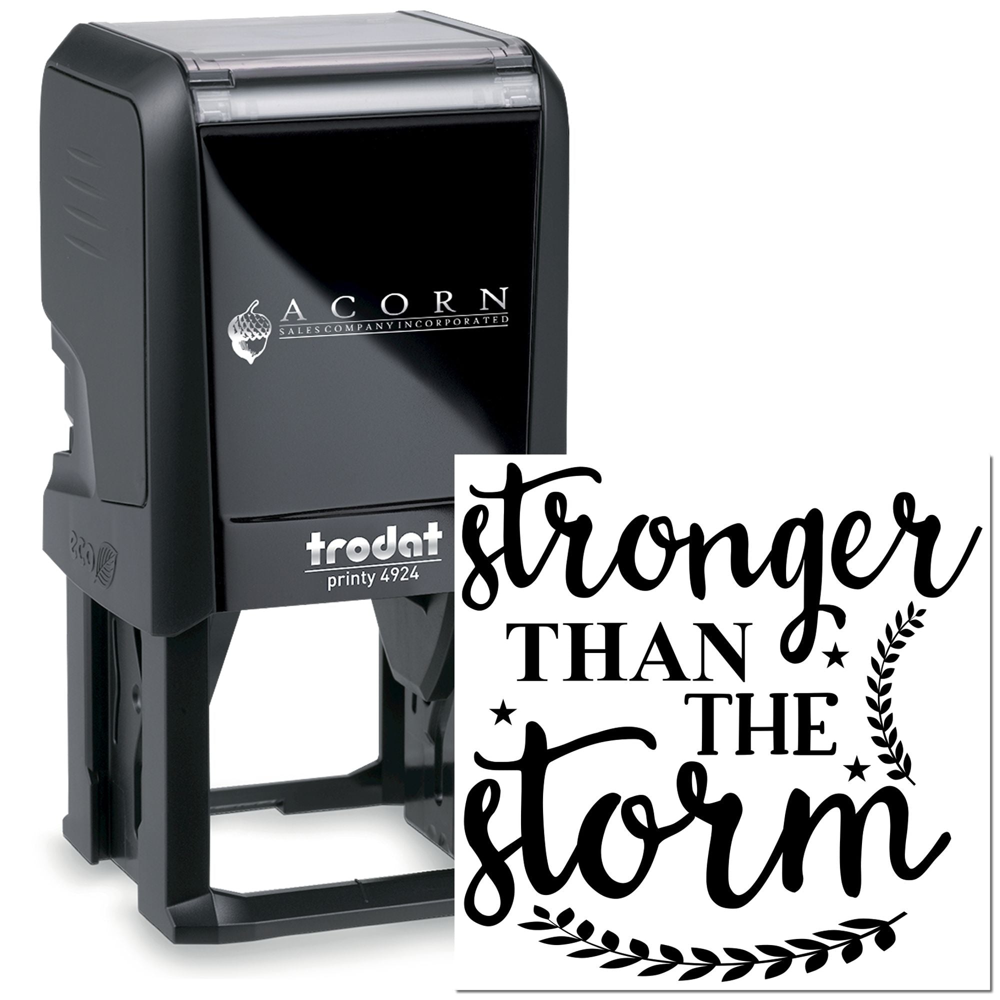 Custom self-inking rubber stamp with Stronger Than the Storm design for cards, packaging, and inspirational branding.