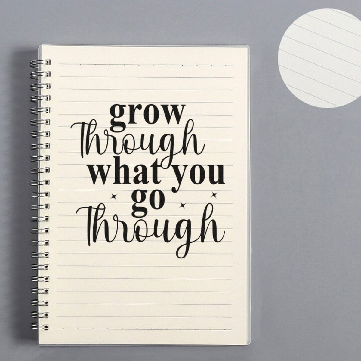 Motivational rubber stamp design reading grow through what you go through for journals, planners, and notebooks.